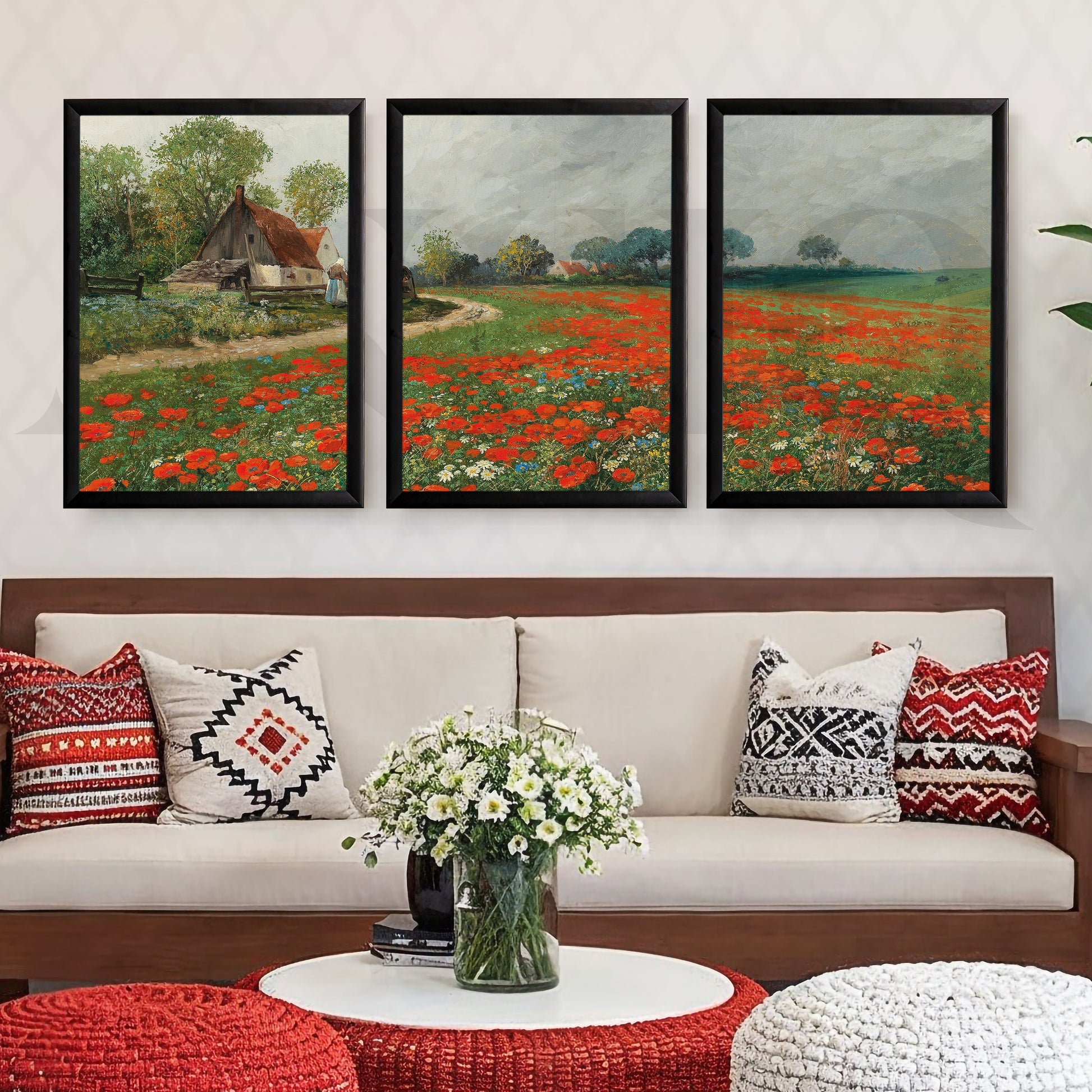 Rustic Poppy Field Landscape Gallery Wall – Set of 3 Impressionist Artworks - 18 x 24 Inches for Living Room