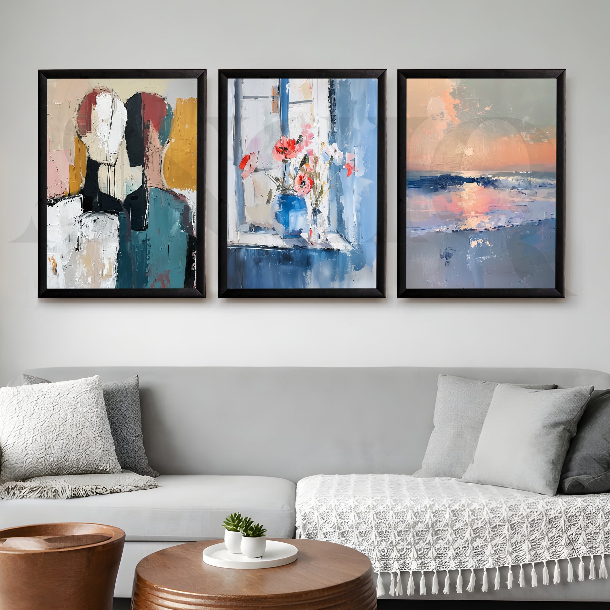 Contemporary Serenity Abstract Gallery Wall – Set of 3 Modern Artworks - 18 x 24 Inches for Living Room