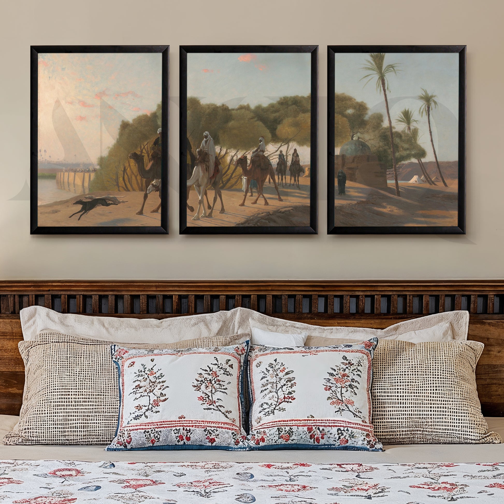 Desert Caravan Landscape Gallery Wall – Set of 3 Vintage Oriental Artworks - 18 x 24 Inches for Stylish Bedroom