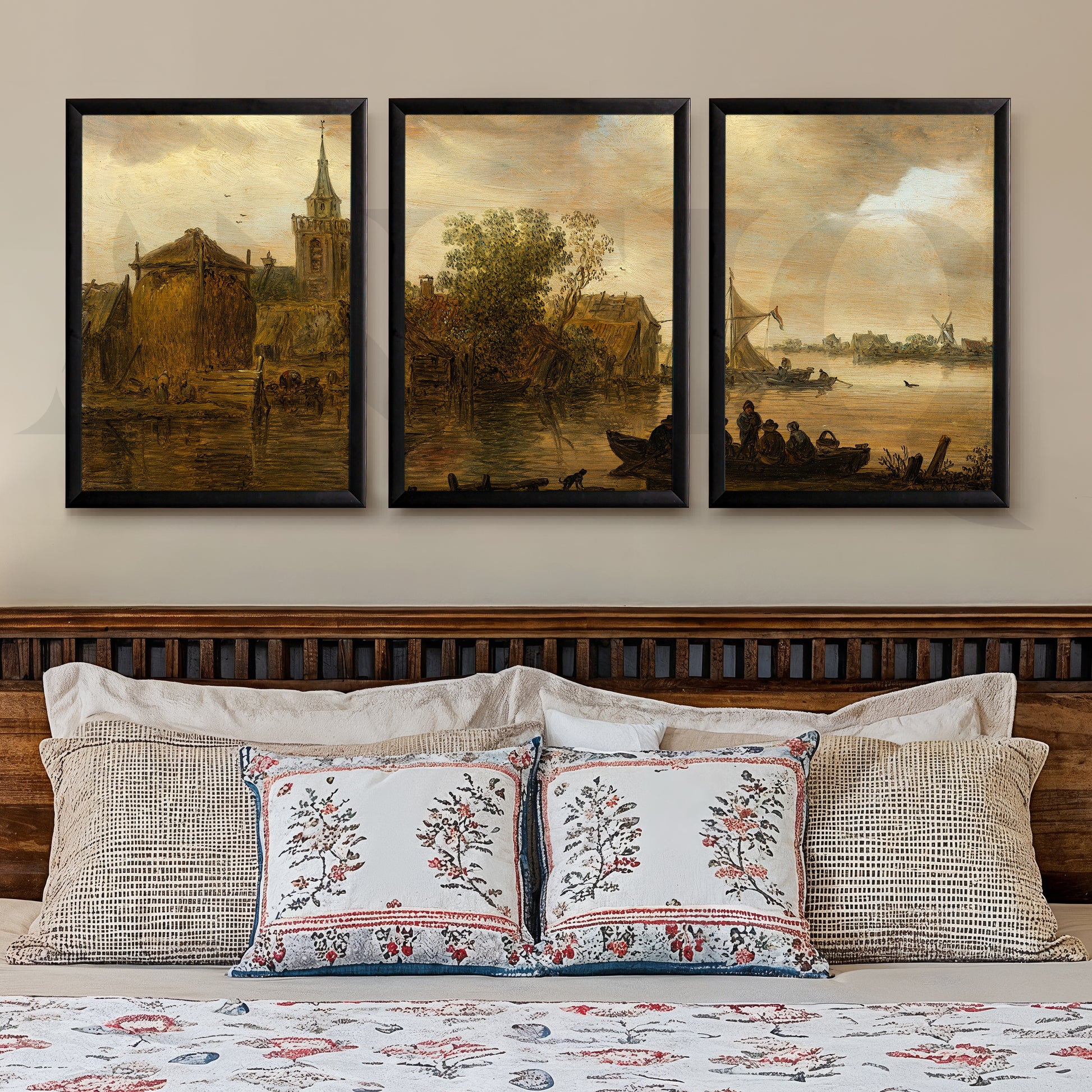 Vintage Riverside Village Gallery Wall – Set of 3 Classic Landscape Artworks - 18 x 24 Inches for Stylish Bedroom