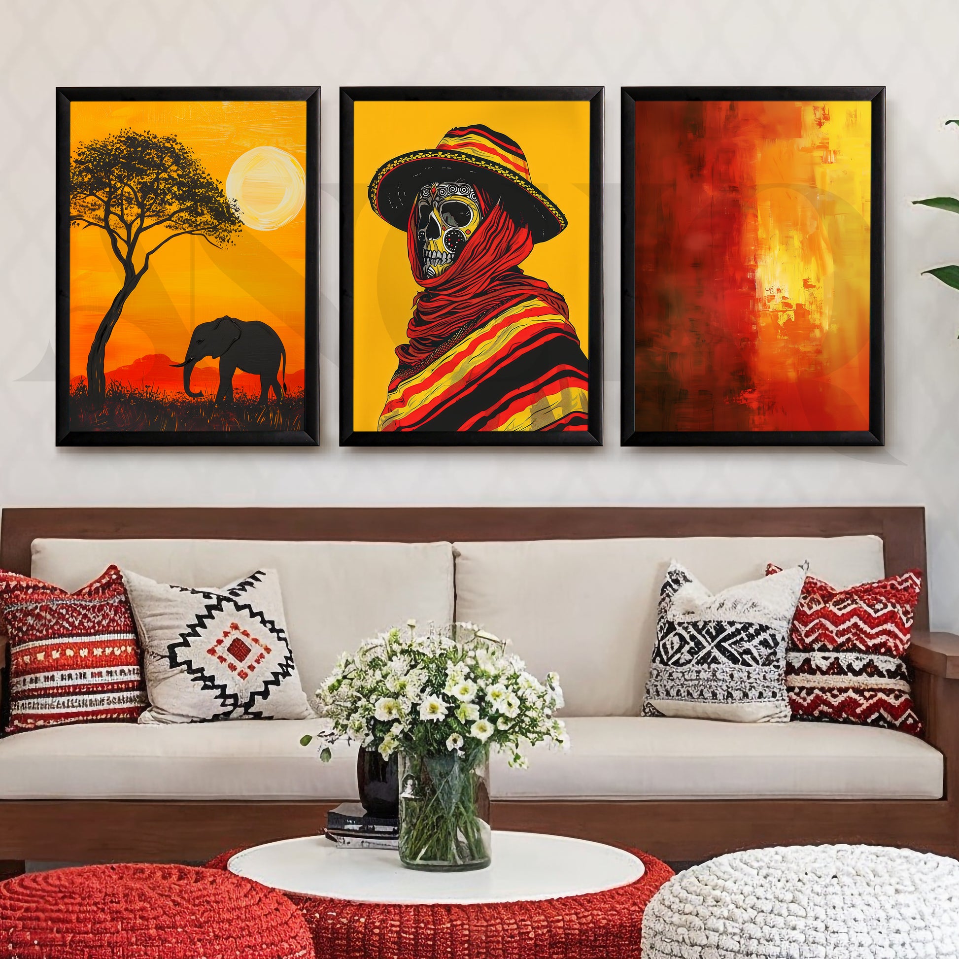 Golden Horizon Tribal Fusion Gallery Wall – Set of 3 Contemporary Artworks - 18 x 24 Inches for Living Room