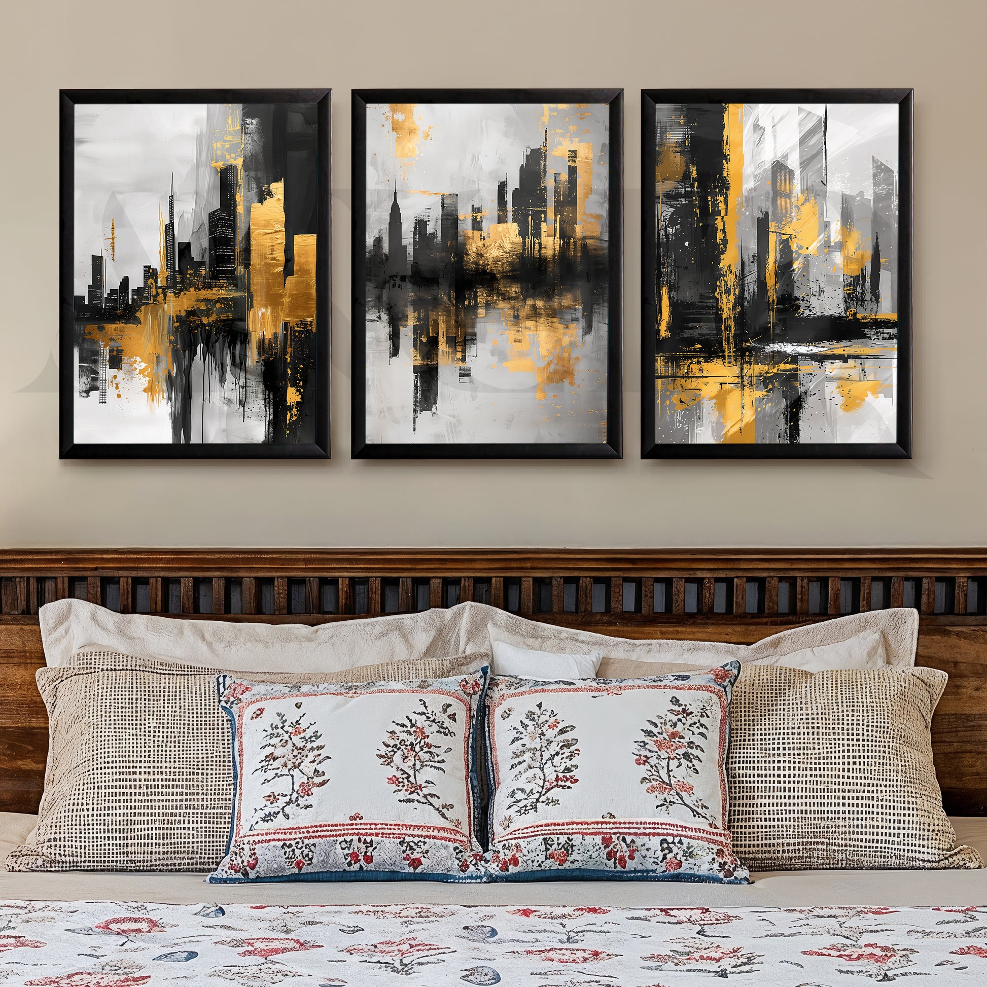 Golden Urban Skyline Gallery Wall – Set of 3 Modern Cityscape Artworks - 18 x 24 Inches for Stylish Bedroom