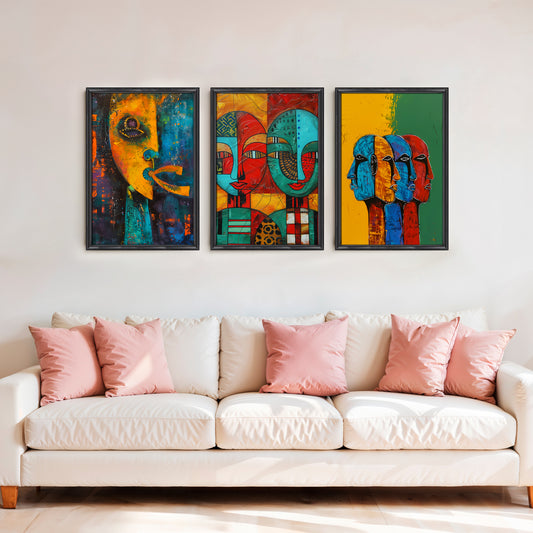 Tribal Faces Fusion Gallery Wall – Set of 3 Artworks