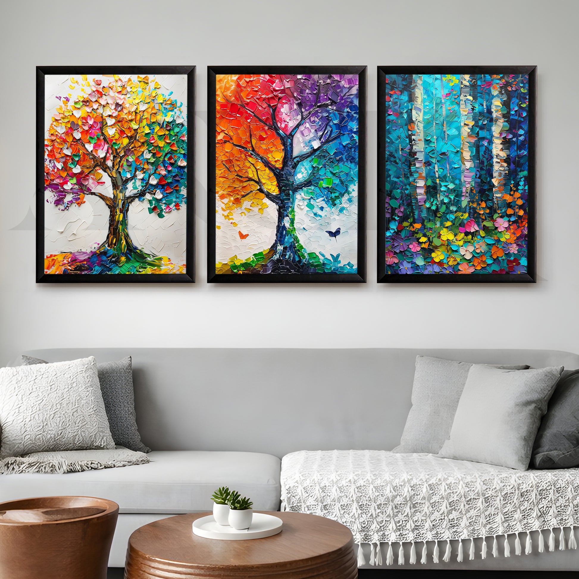 Vibrant Nature Mosaic Gallery Wall – Set of 3 Colorful Tree Artworks - 18 x 24 Inches for Living Room