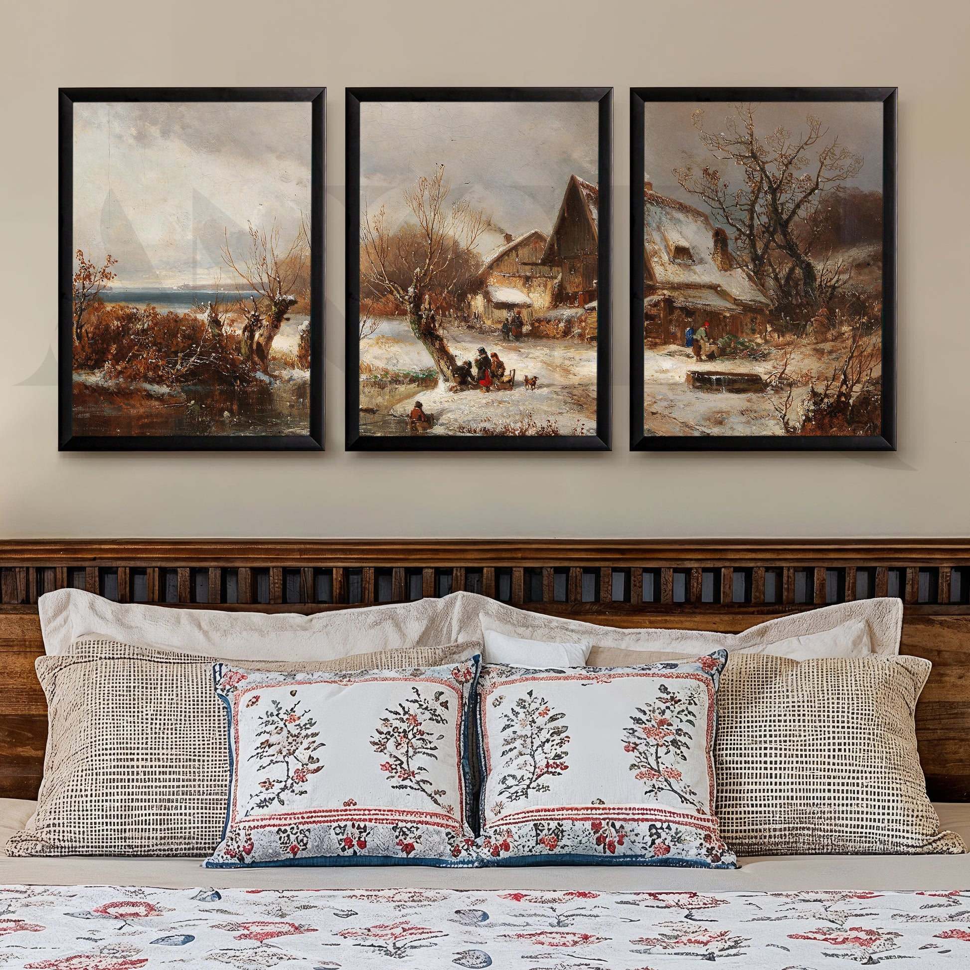 Winter Village Countryside Gallery Wall – Set of 3 Vintage Landscape Artworks - 18 x 24 Inches for Stylish Bedroom