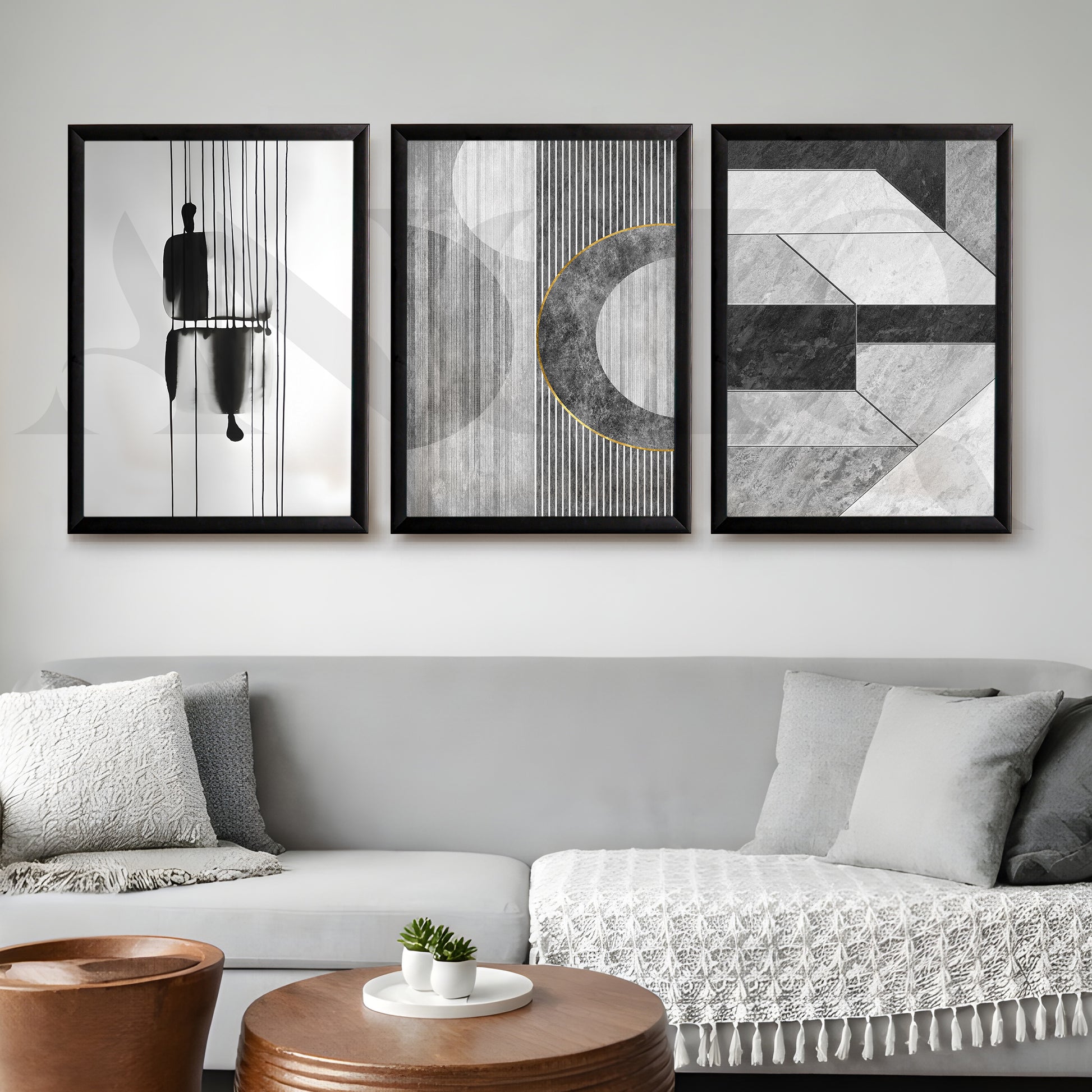 Monochrome Modern Geometry Gallery Wall – Set of 3 Minimal Abstract Artworks - 18 x 24 Inches for Office/Study Room