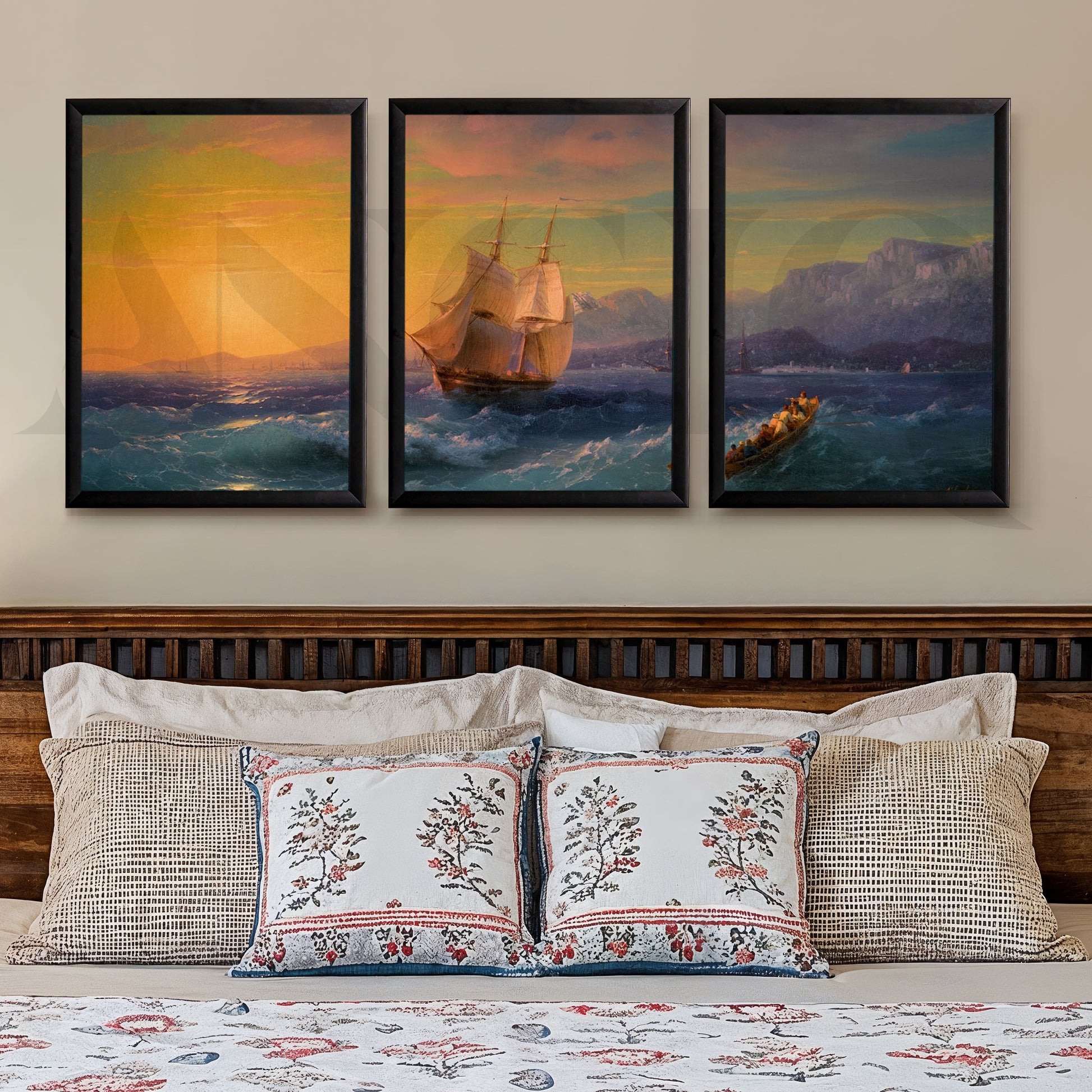 Golden Horizon Sailing Gallery Wall – Set of 3 Vintage Seascape Artworks - 18 x 24 Inches for Stylish Bedroom