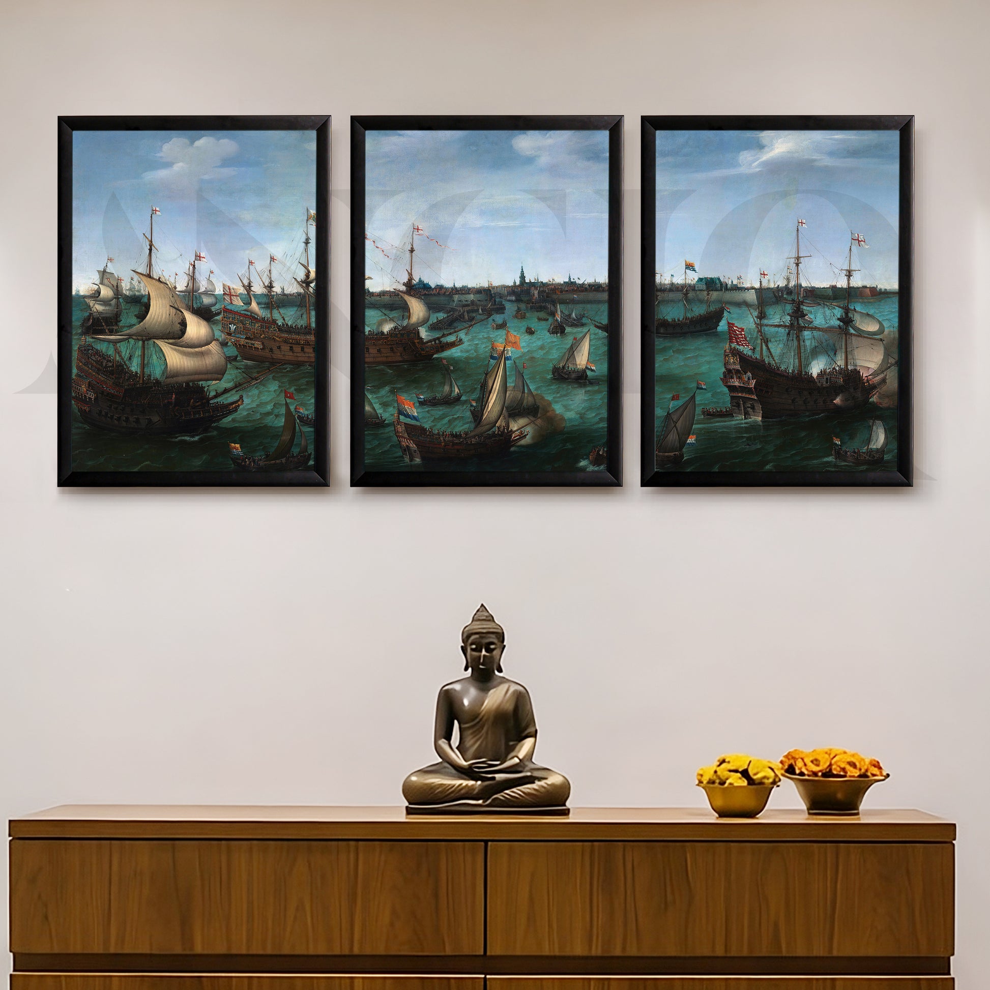 Historic Naval Fleet Gallery Wall – Set of 3 Classic Maritime Artworks - 18 x 24 Inches for Entryway/Hallway