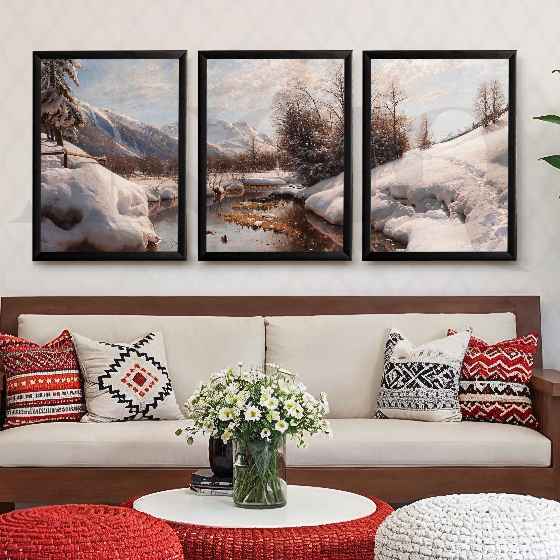 Snowy Alpine River Landscape Gallery Wall – Set of 3 Winter Nature Artworks - 18 x 24 Inches for Living Room