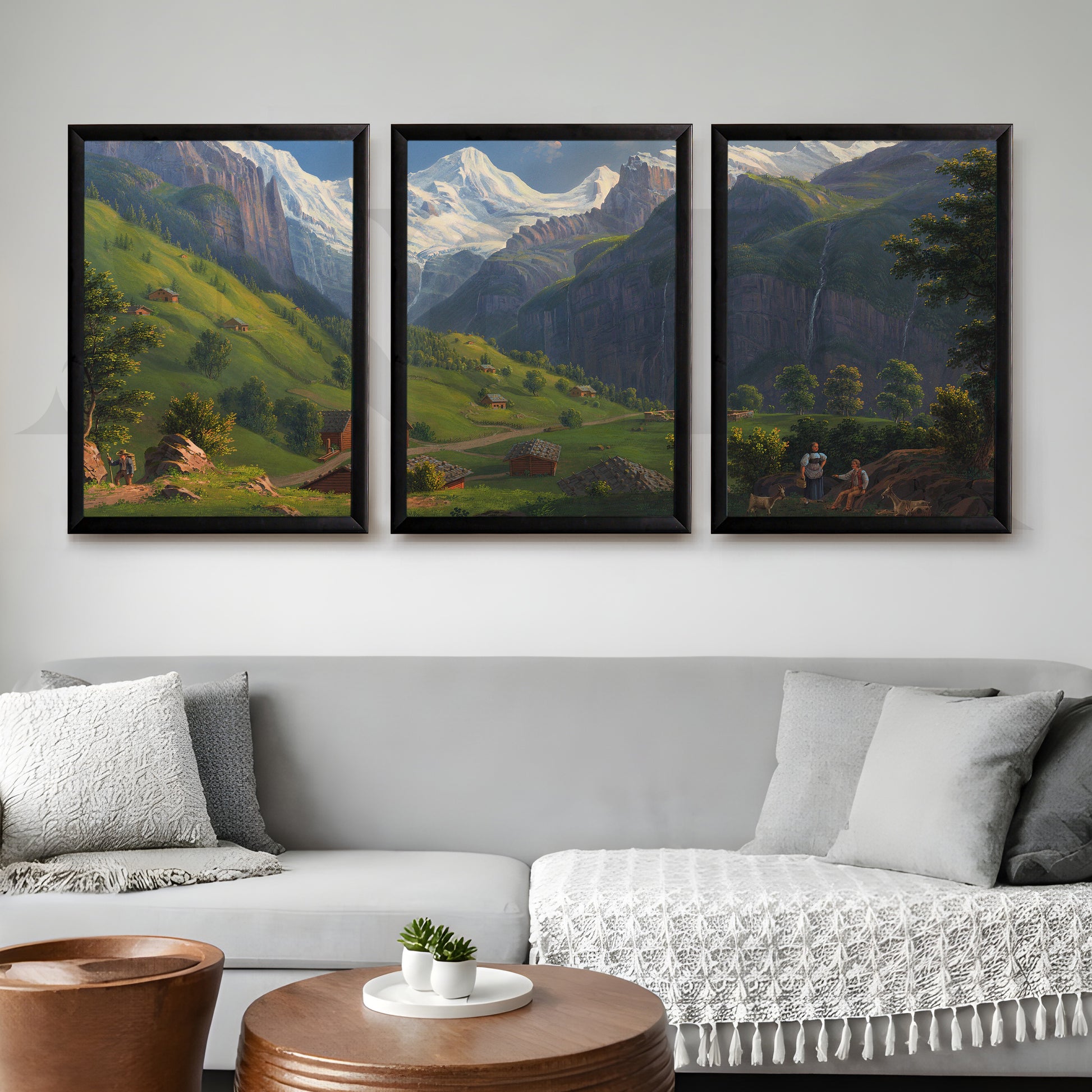 Alpine Valley Landscape Gallery Wall – Set of 3 Classic Mountain Artworks - 18 x 24 Inches for Living Room