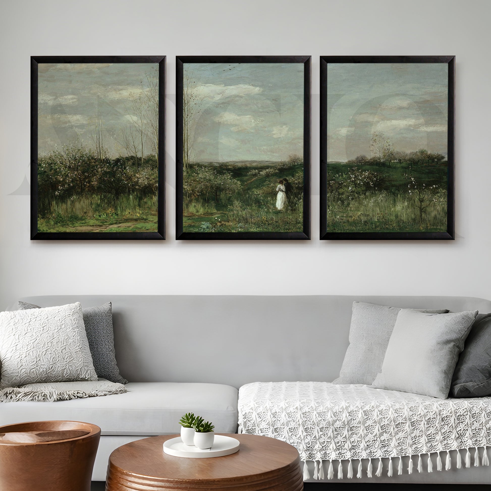Serene Countryside Meadow Gallery Wall – Set of 3 Classic Landscape Artworks - 18 x 24 Inches for Living Room