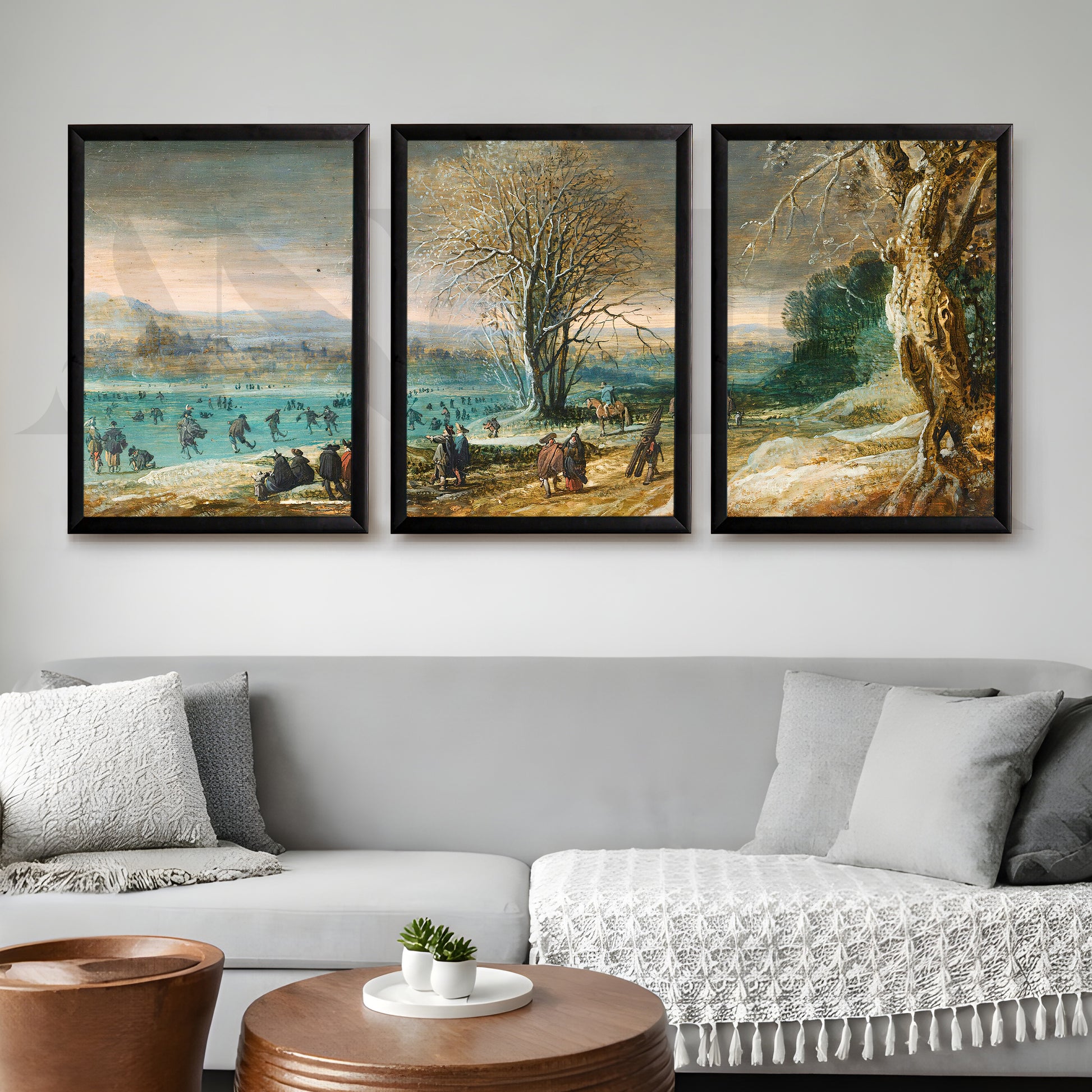 Winter Lakeside Life Gallery Wall – Set of 3 Classical European Landscape Artworks - 18 x 24 Inches for Living Room