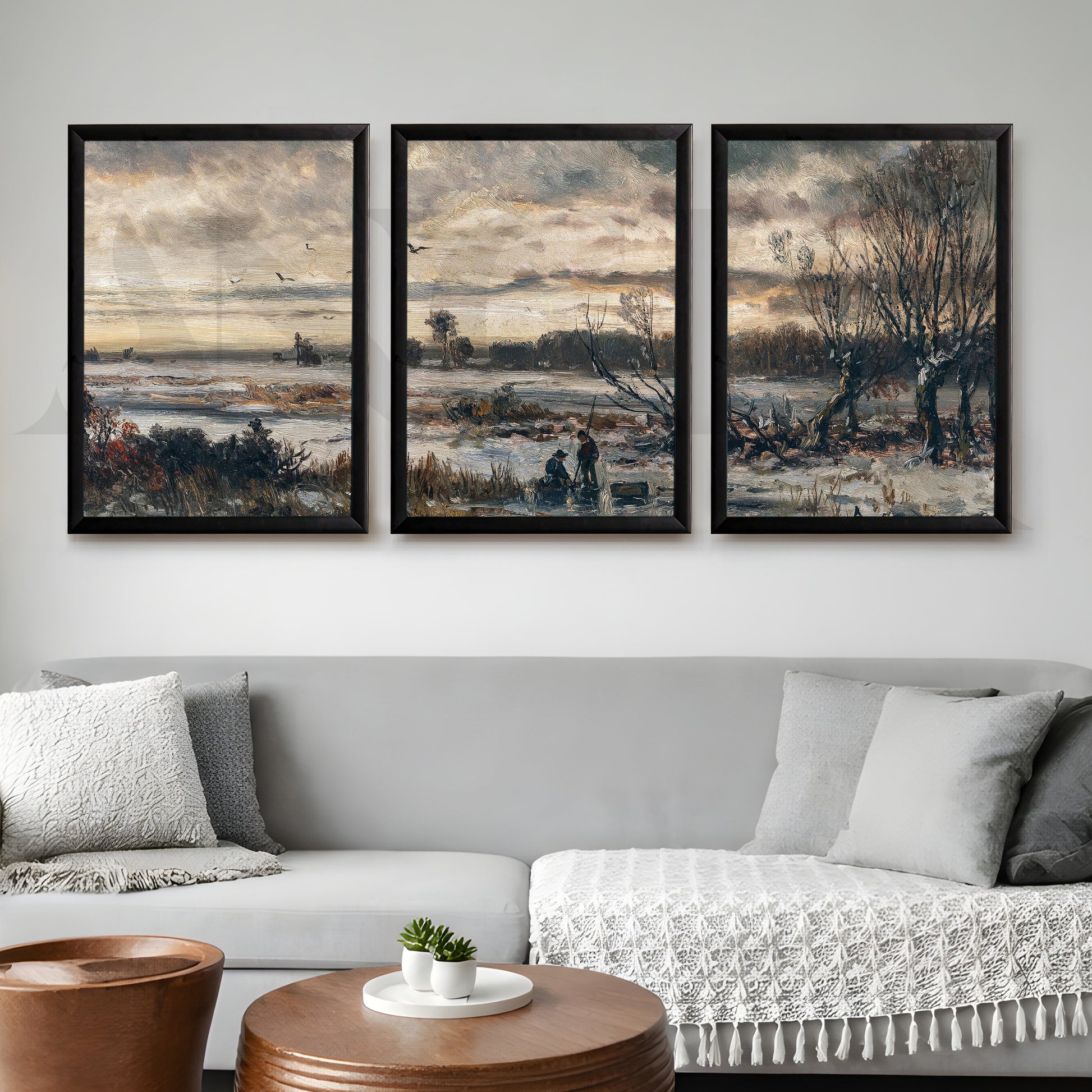 Moody Winter Countryside Gallery Wall – Set of 3 Atmospheric Landscape Artworks - 18 x 24 Inches for Living Room