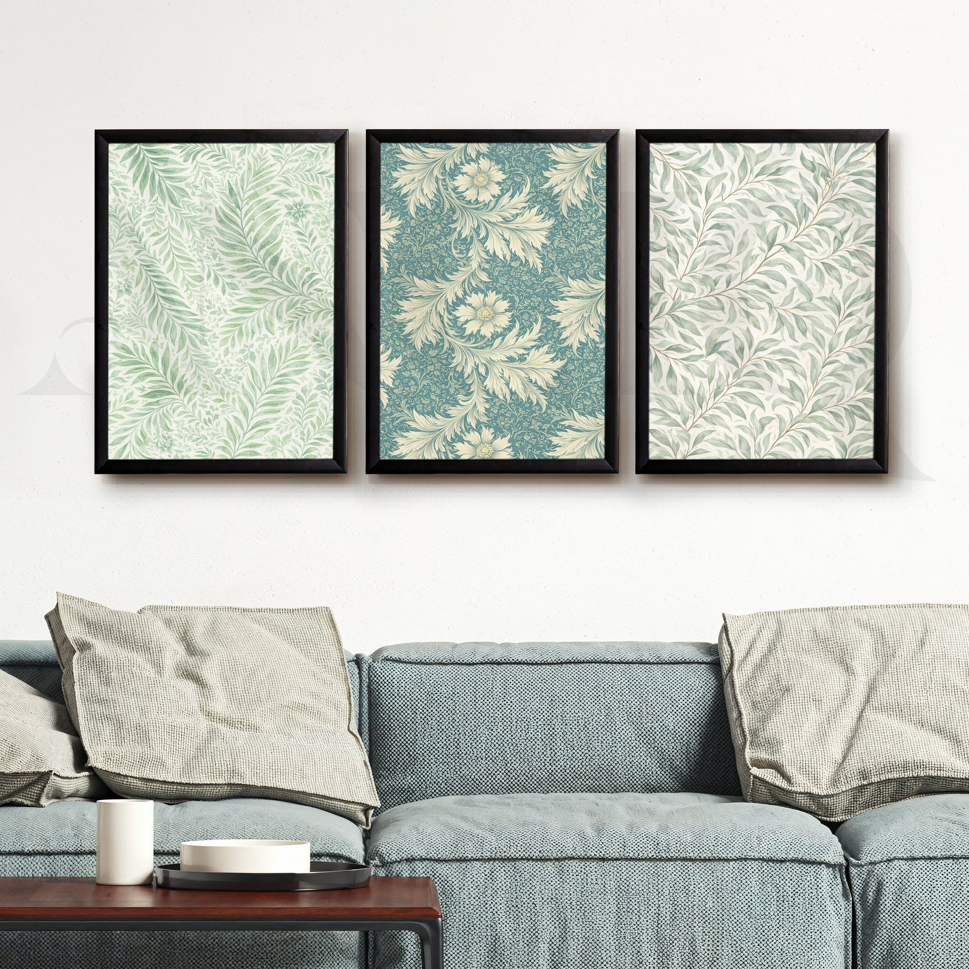 Vintage Botanical Textile Gallery Wall – Set of 3 Pattern Artworks - 18 x 24 Inches for Living Room