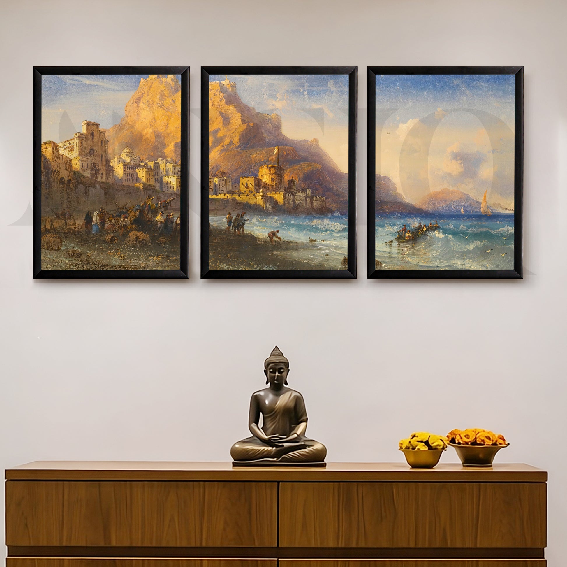 Coastal Mountain Harbour Gallery Wall – Set of 3 Mediterranean Landscape Artworks - 18 x 24 Inches for Entryway/Hallway