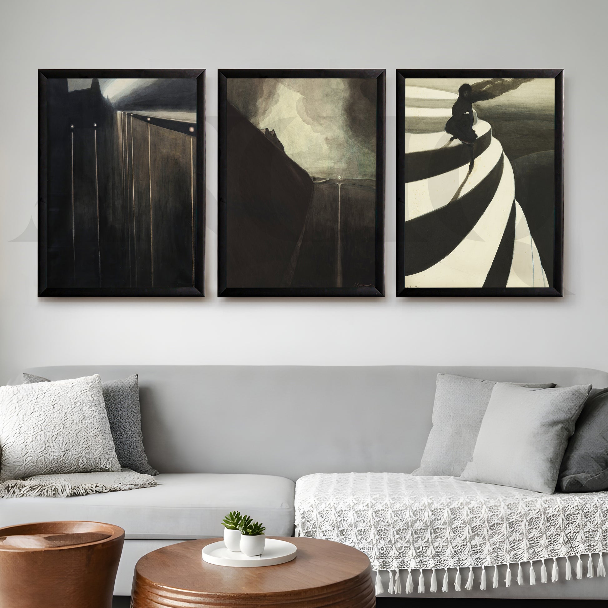Moody Abstract Noir Gallery Wall – Set of 3 Contemporary Artworks - 18 x 24 Inches for Living Room