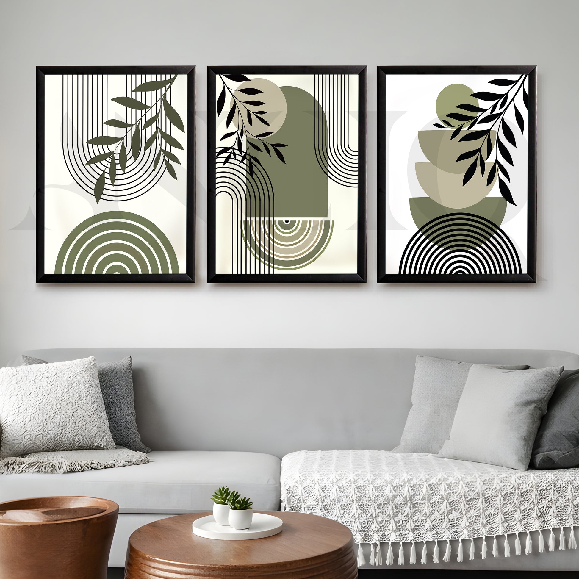 Minimal Botanical Geometry Gallery Wall – Set of 3 Modern Abstract Artworks - 18 x 24 Inches for Living Room