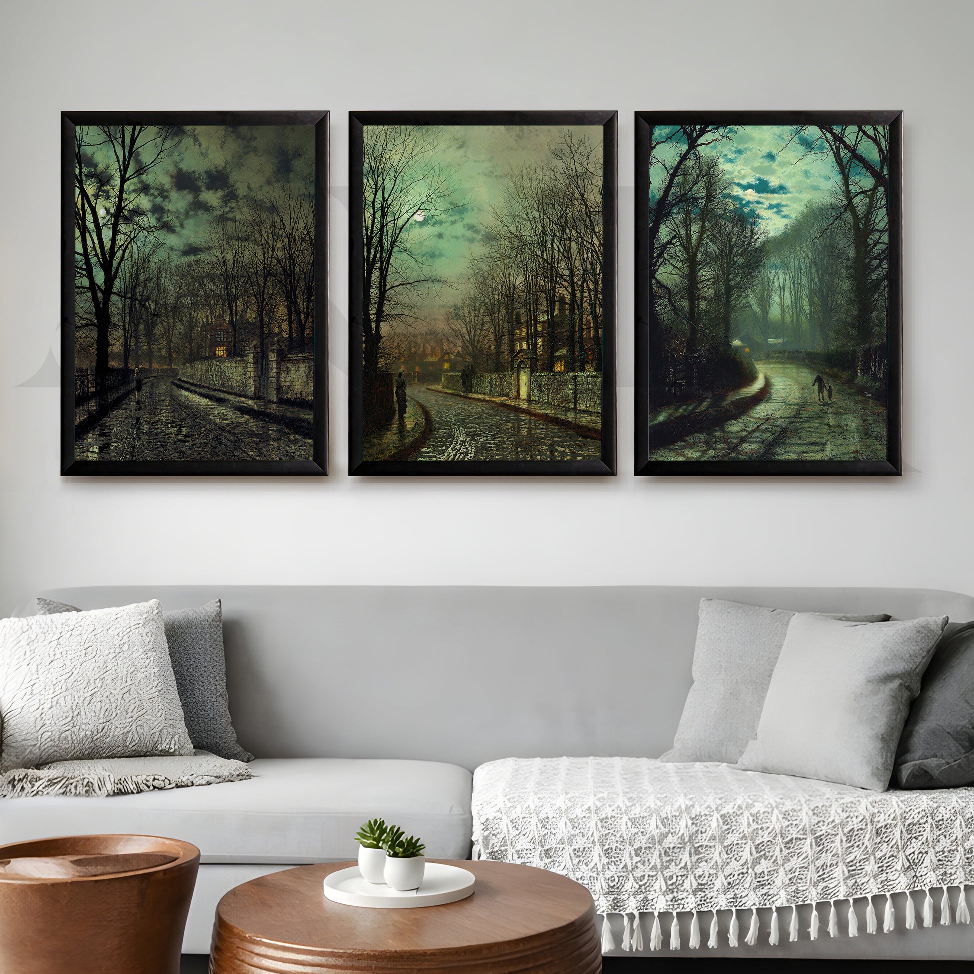 Moody Twilight Streetscape Gallery Wall – Set of 3 Atmospheric Artworks - 18 x 24 Inches for Living Room