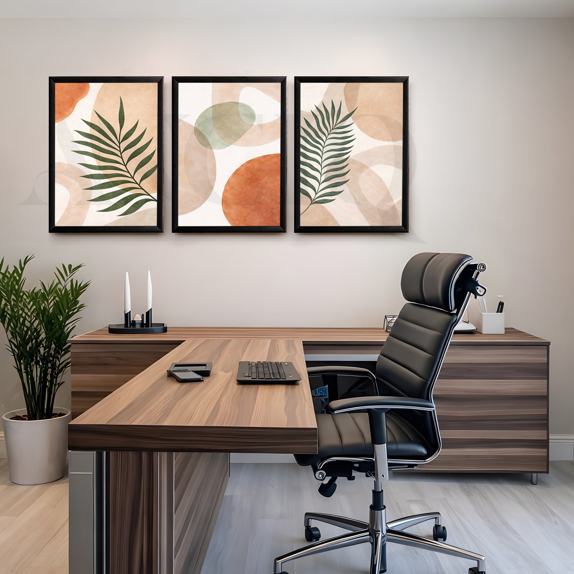 Modern Botanical Abstract Harmony Gallery Wall – Set of 3 Contemporary Artworks - 18 x 24 Inches for Office/Study Room