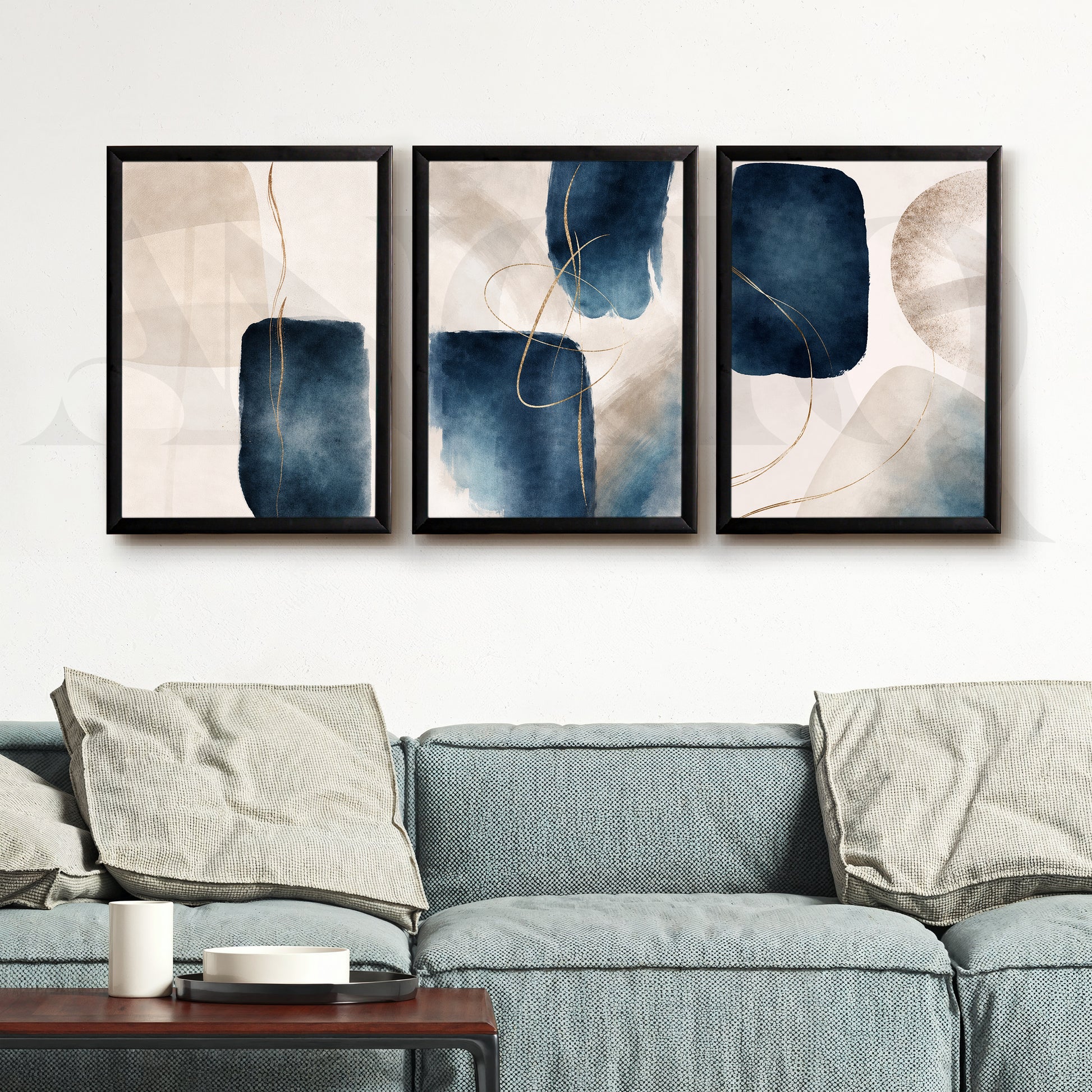 Midnight Blue Fluid Abstraction Gallery Wall – Set of 3 Contemporary Artworks - 18 x 24 Inches for Living Room