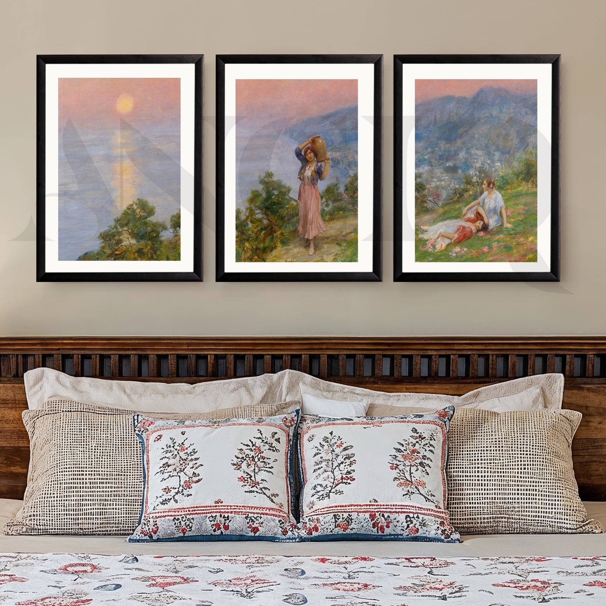 Pastoral Sunset Figures Gallery Wall – Set of 3 Impressionist Landscape Artworks - 18 x 24 Inches for Stylish Bedroom