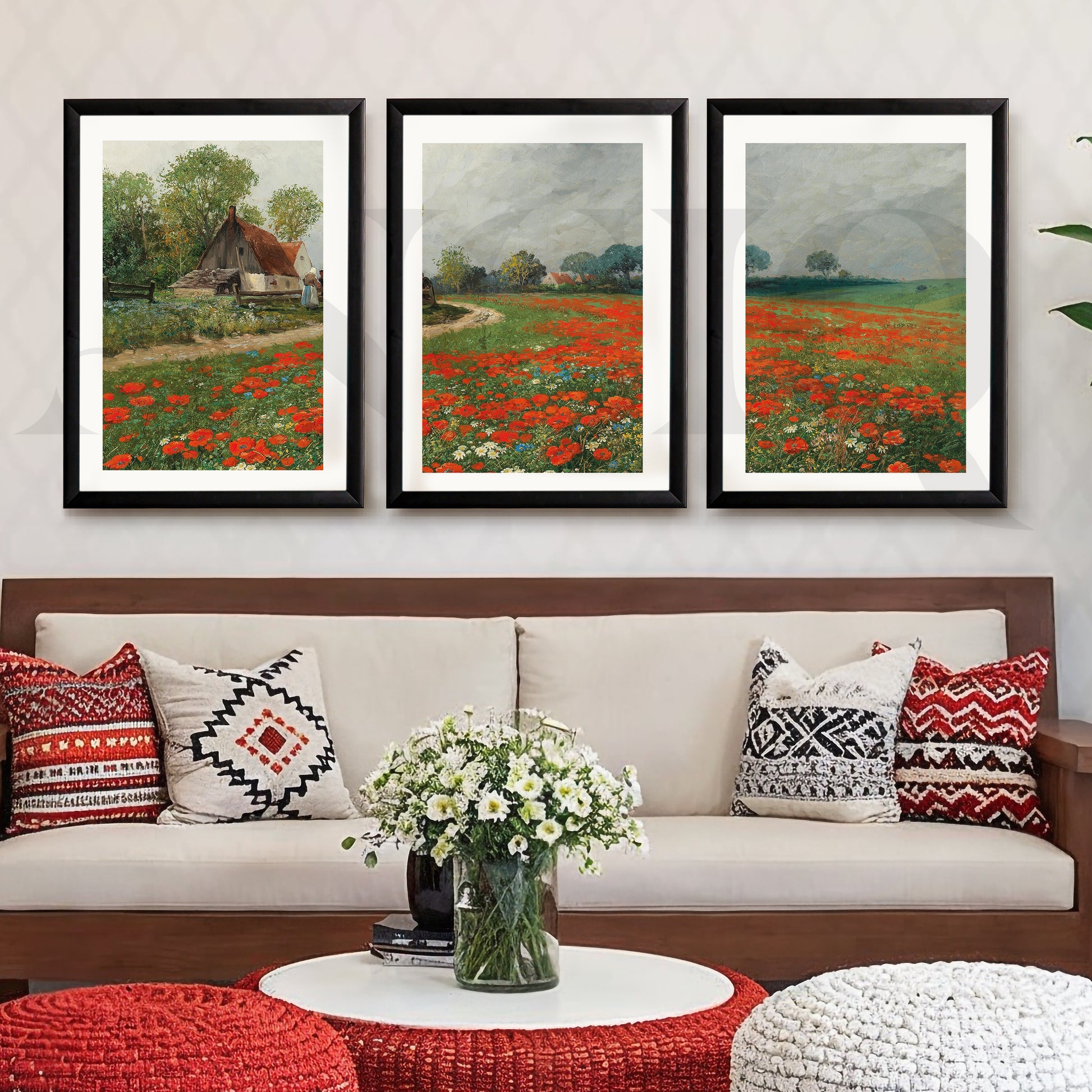Rustic Poppy Field Landscape Gallery Wall – Set of 3 Impressionist Artworks - 18 x 24 Inches for Living Room