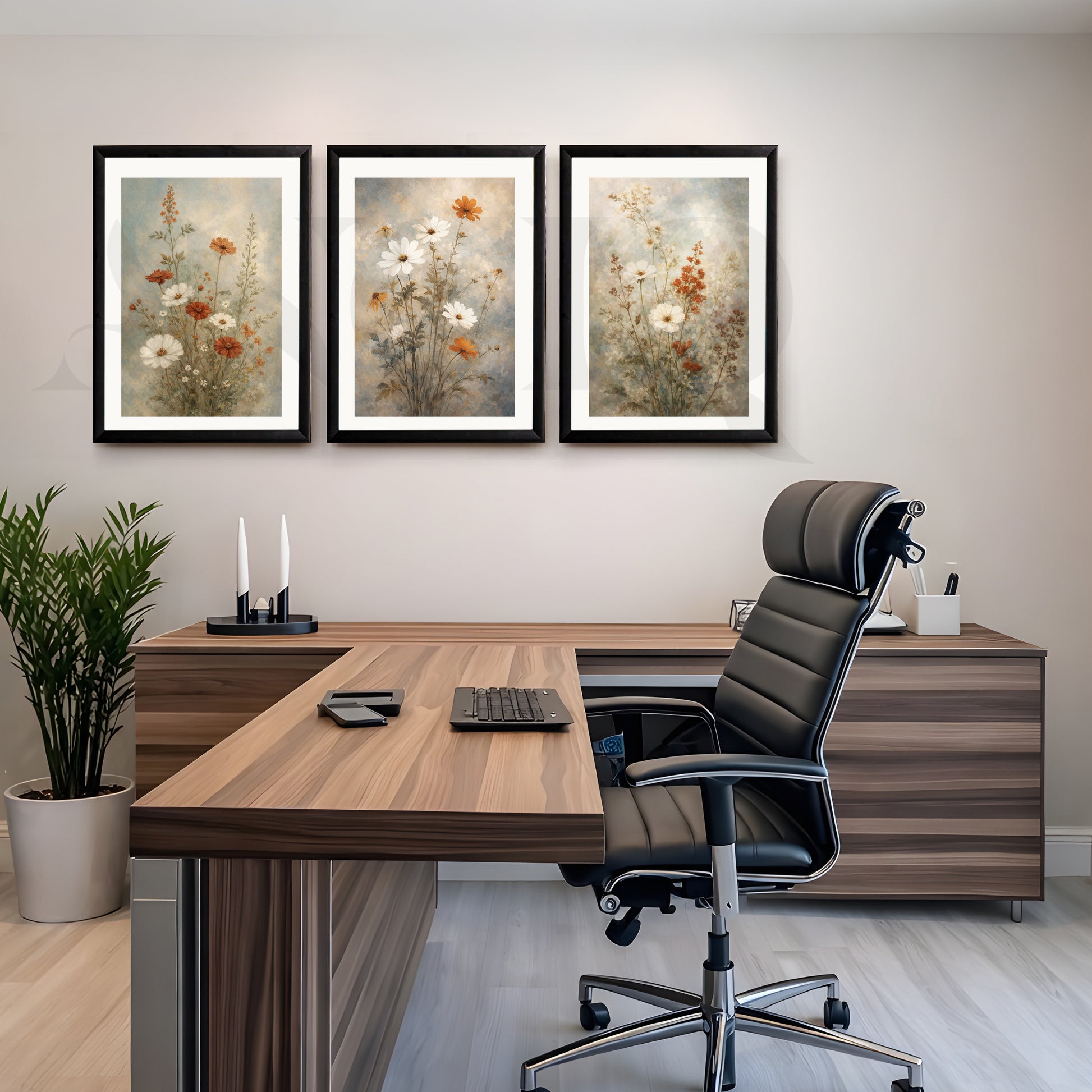 Vintage Wildflower Meadow Gallery Wall – Set of 3 Floral Artworks - 18 x 24 Inches for Office/Study Room