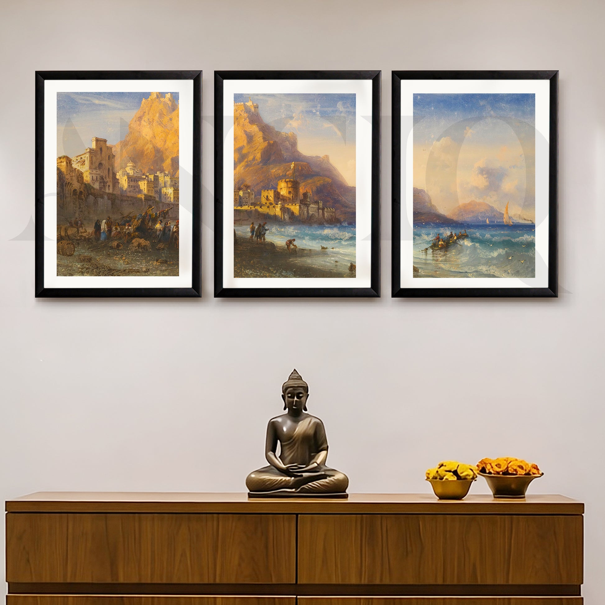 Coastal Mountain Harbour Gallery Wall – Set of 3 Mediterranean Landscape Artworks - 18 x 24 Inches for Entryway/Hallway