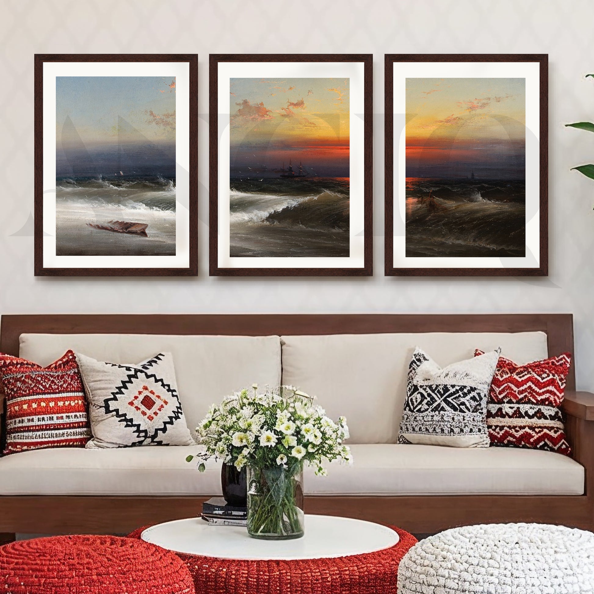 Dramatic Ocean Sunset Gallery Wall – Set of 3 Seascape Artworks - 18 x 24 Inches for Living Room