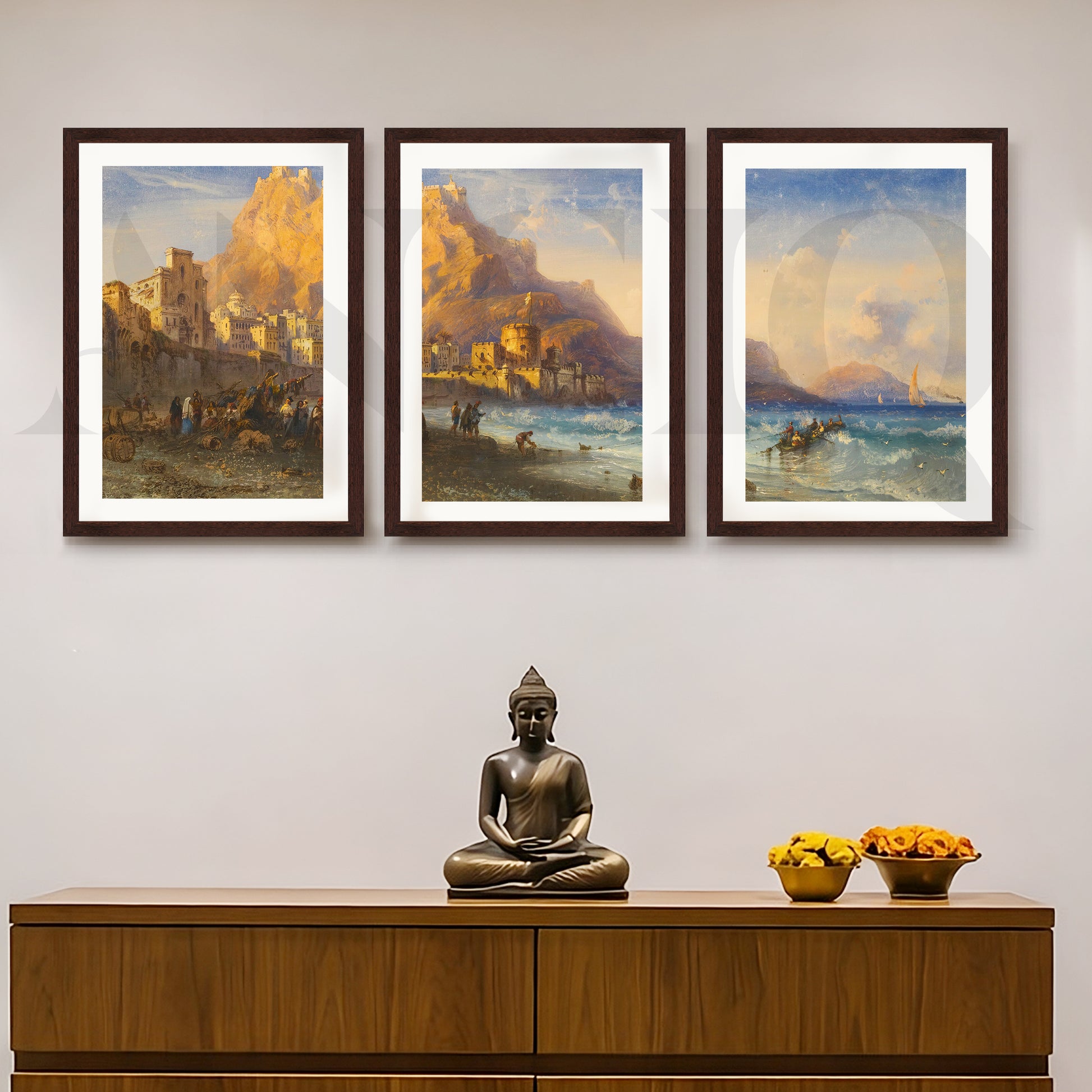 Coastal Mountain Harbour Gallery Wall – Set of 3 Mediterranean Landscape Artworks - 18 x 24 Inches for Entryway/Hallway