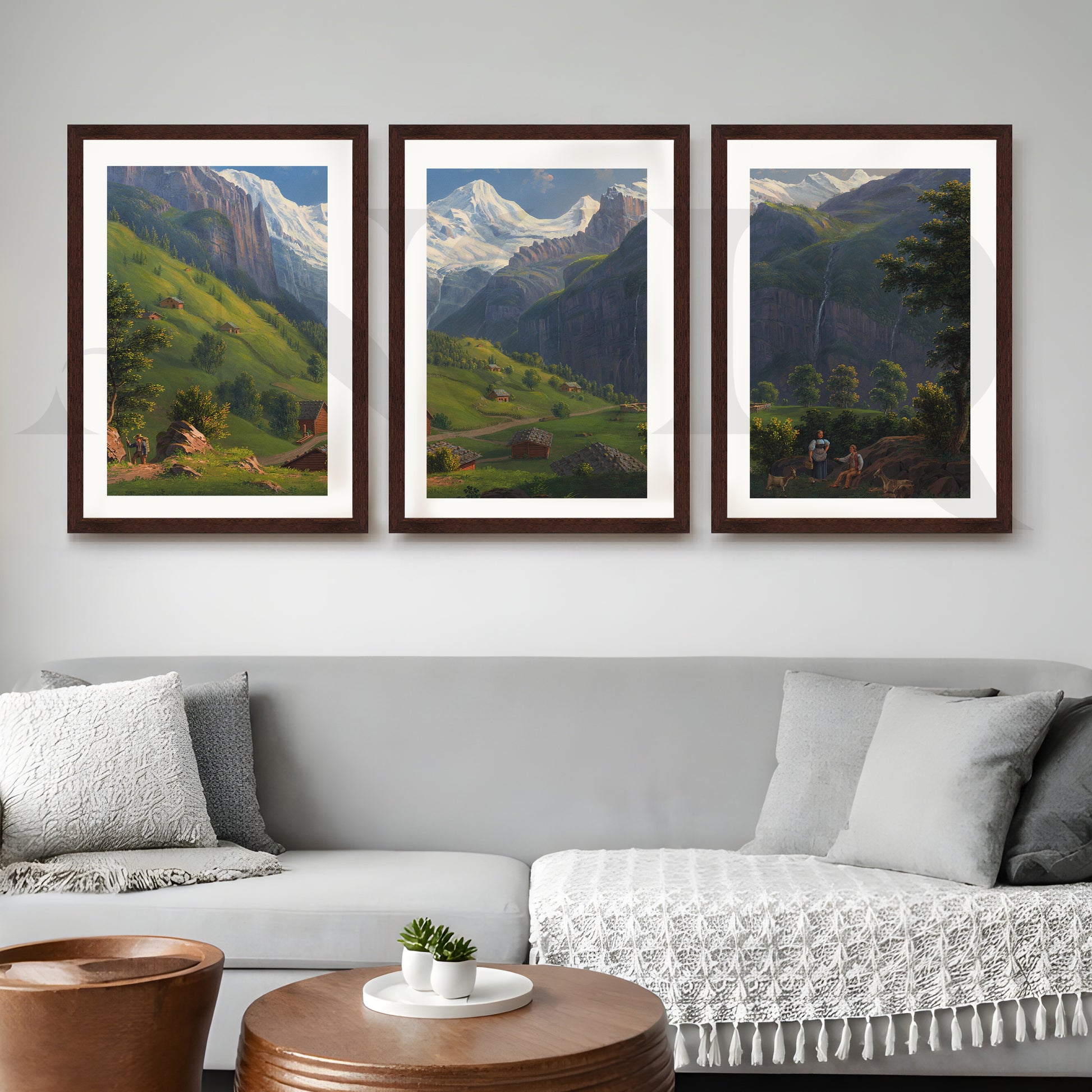 Alpine Valley Landscape Gallery Wall – Set of 3 Classic Mountain Artworks - 18 x 24 Inches for Living Room