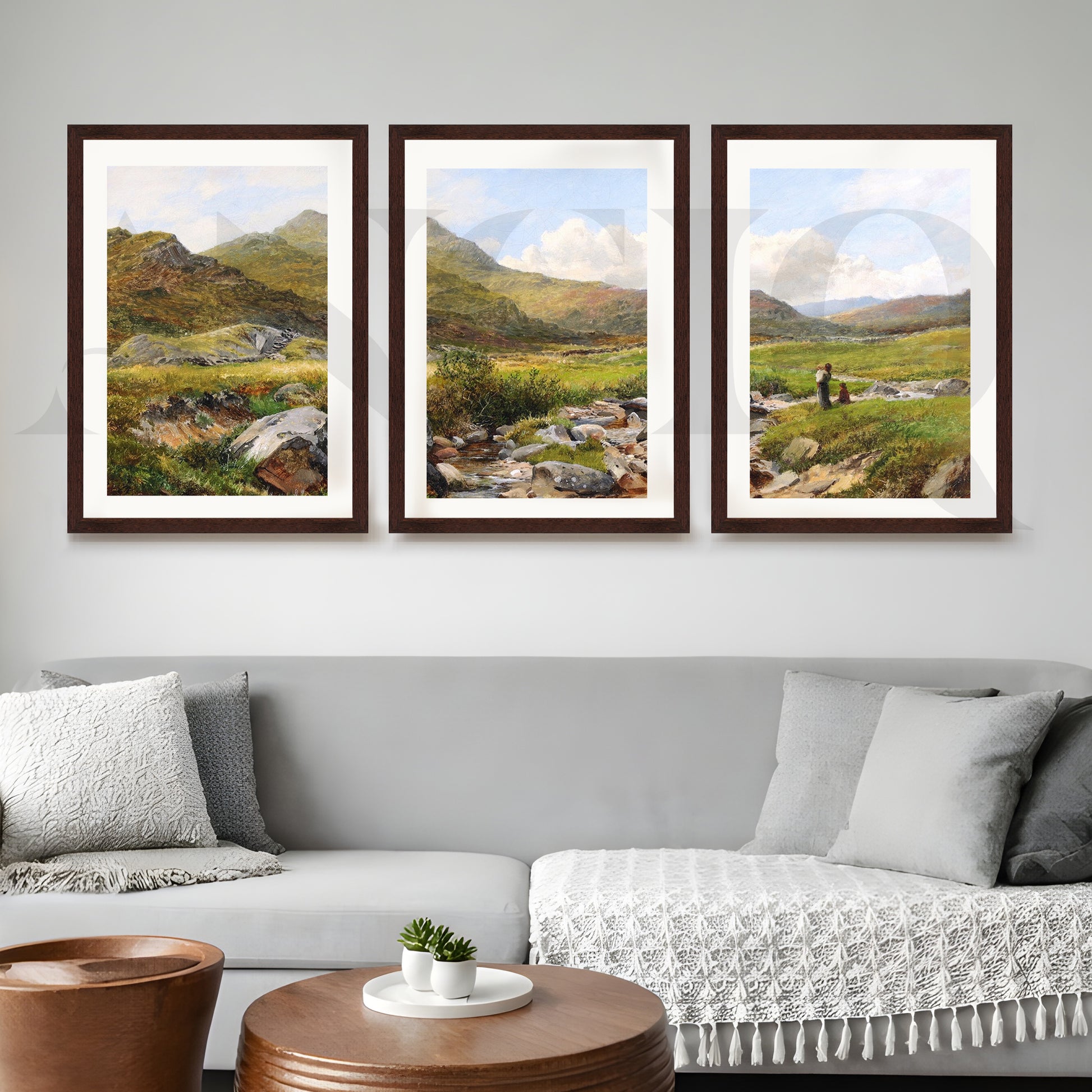 Highland Meadow Stream Gallery Wall – Set of 3 Classic Artworks - 18 x 24 Inches for Living Room