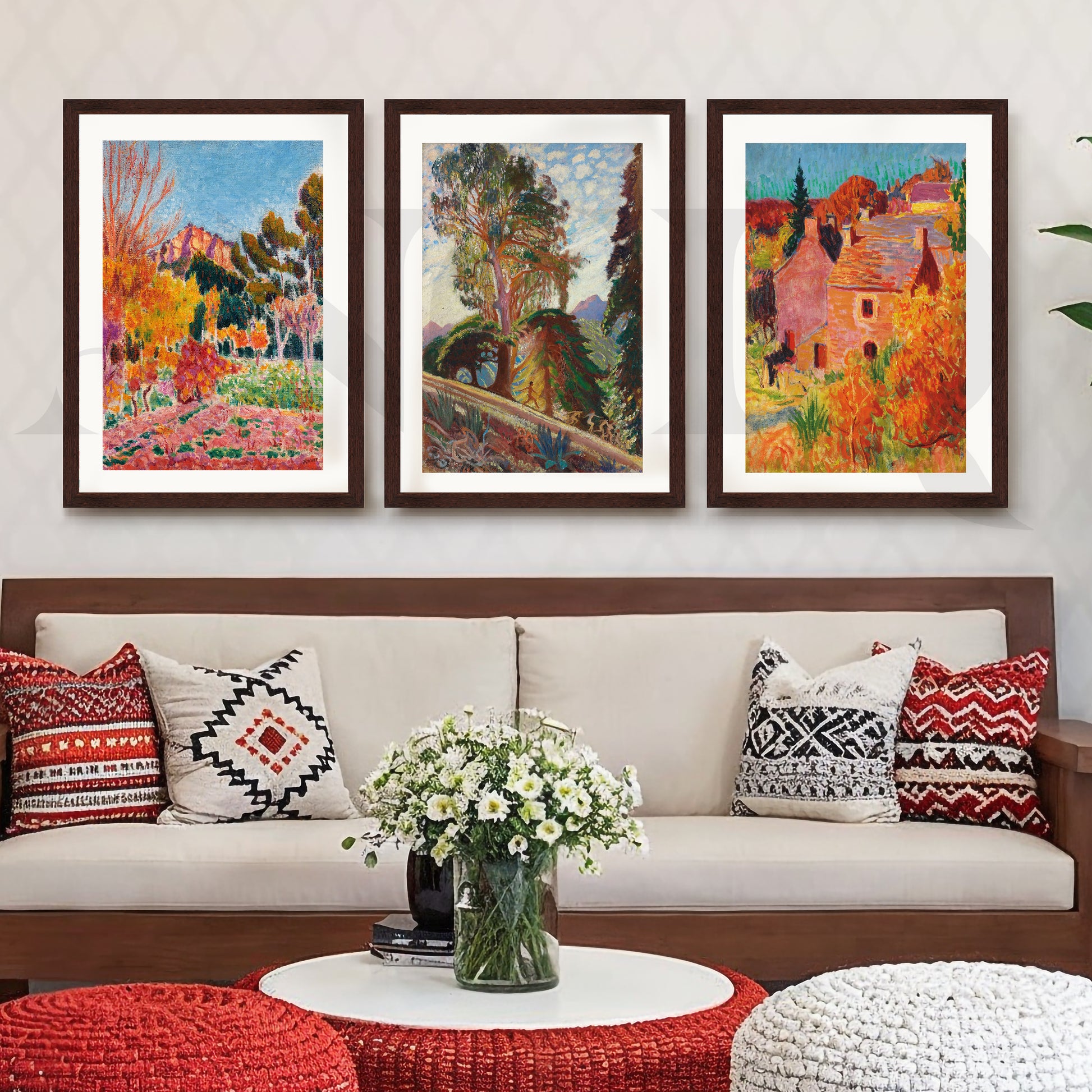 Vibrant Impressionist Countryside Gallery Wall – Set of 3 Vibrant Artworks - 18 x 24 Inches for Living Room