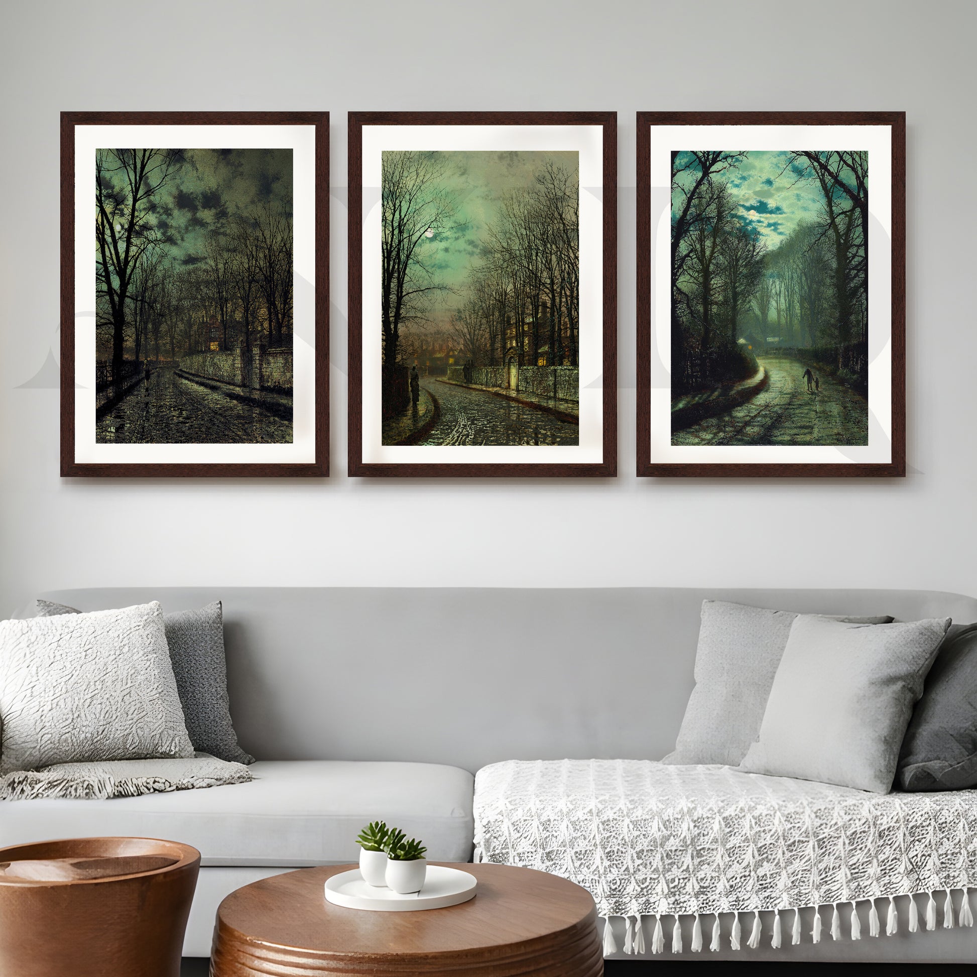 Moody Twilight Streetscape Gallery Wall – Set of 3 Atmospheric Artworks - 18 x 24 Inches for Living Room
