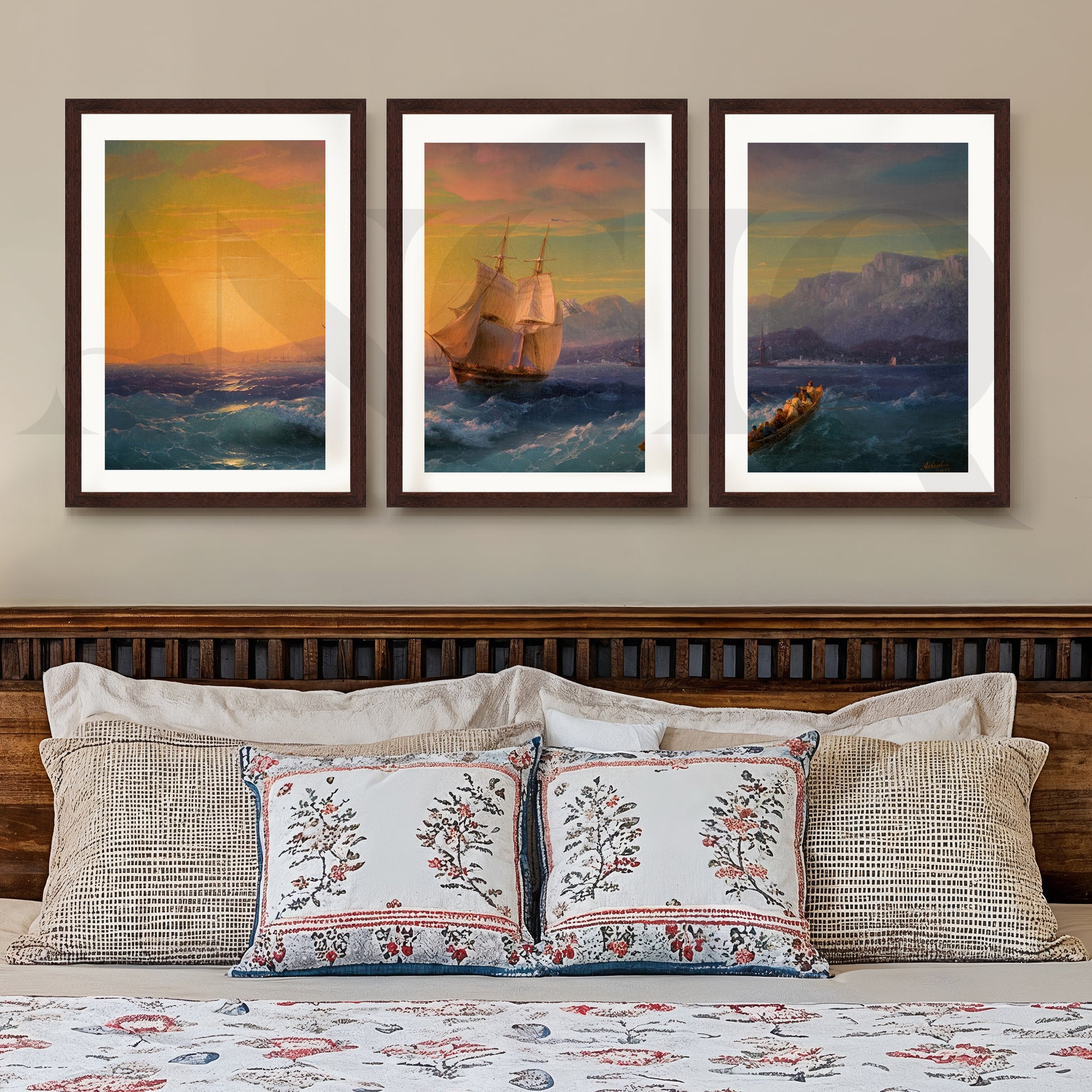 Golden Horizon Sailing Gallery Wall – Set of 3 Vintage Seascape Artworks - 18 x 24 Inches for Stylish Bedroom