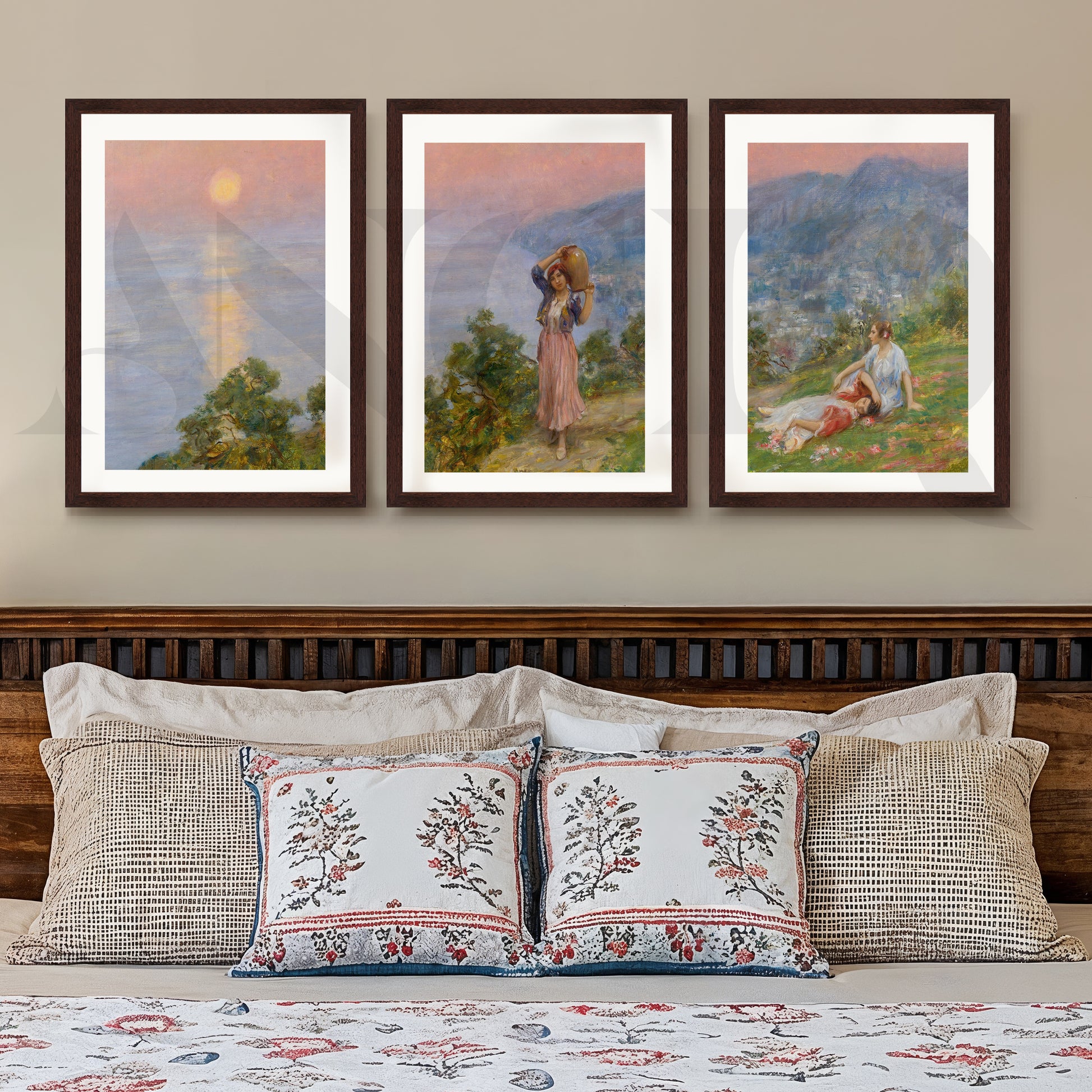 Pastoral Sunset Figures Gallery Wall – Set of 3 Impressionist Landscape Artworks - 18 x 24 Inches for Stylish Bedroom