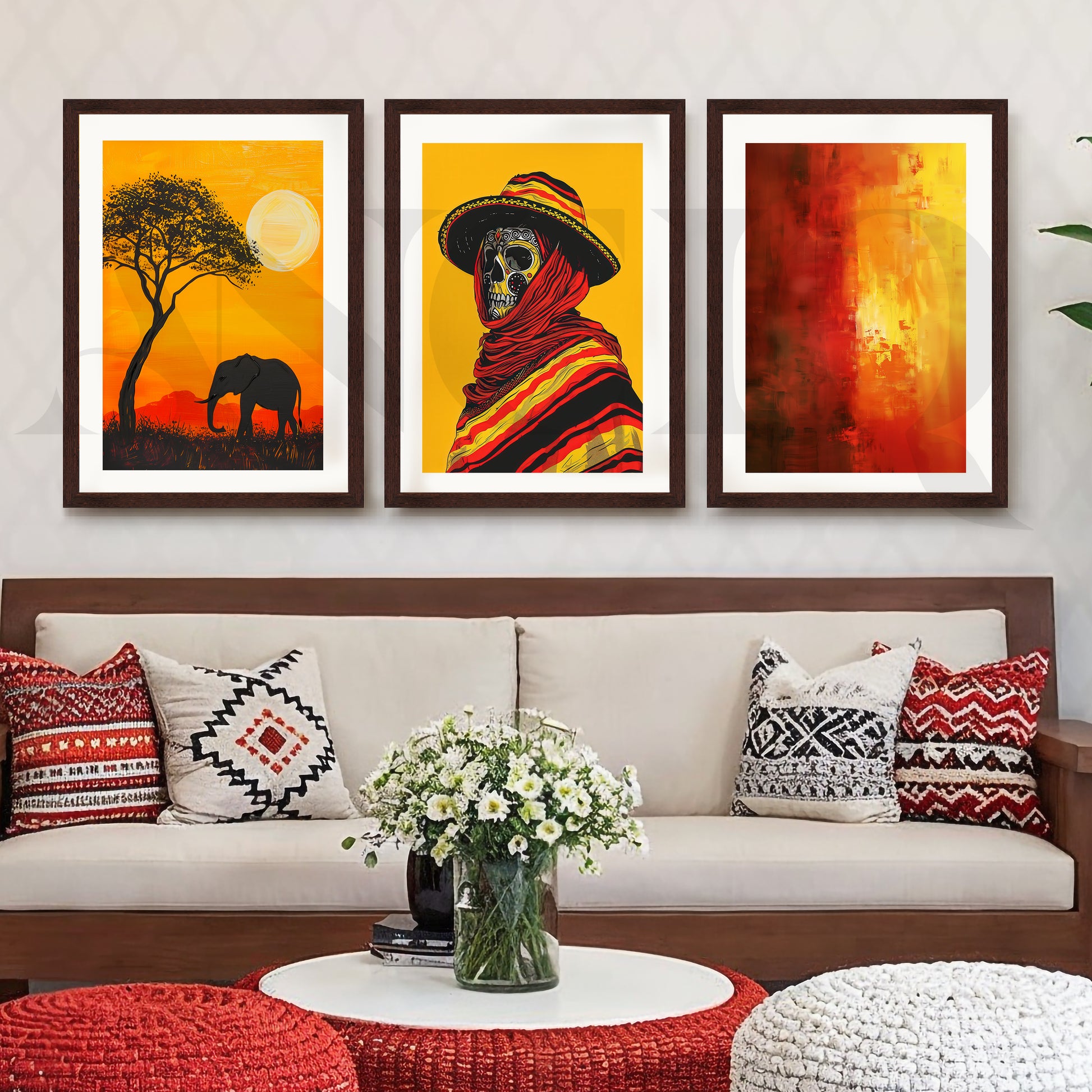 Golden Horizon Tribal Fusion Gallery Wall – Set of 3 Contemporary Artworks - 18 x 24 Inches for Living Room