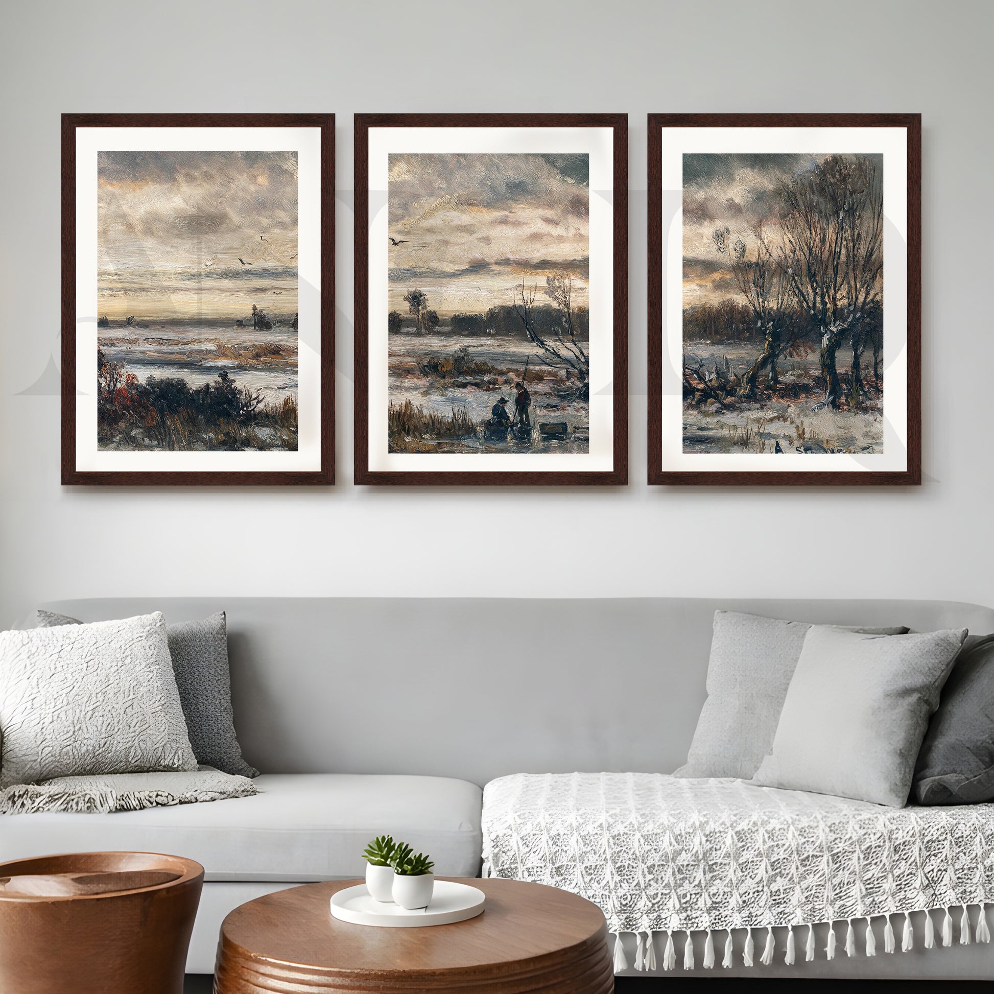Moody Winter Countryside Gallery Wall – Set of 3 Atmospheric Landscape Artworks - 18 x 24 Inches for Living Room
