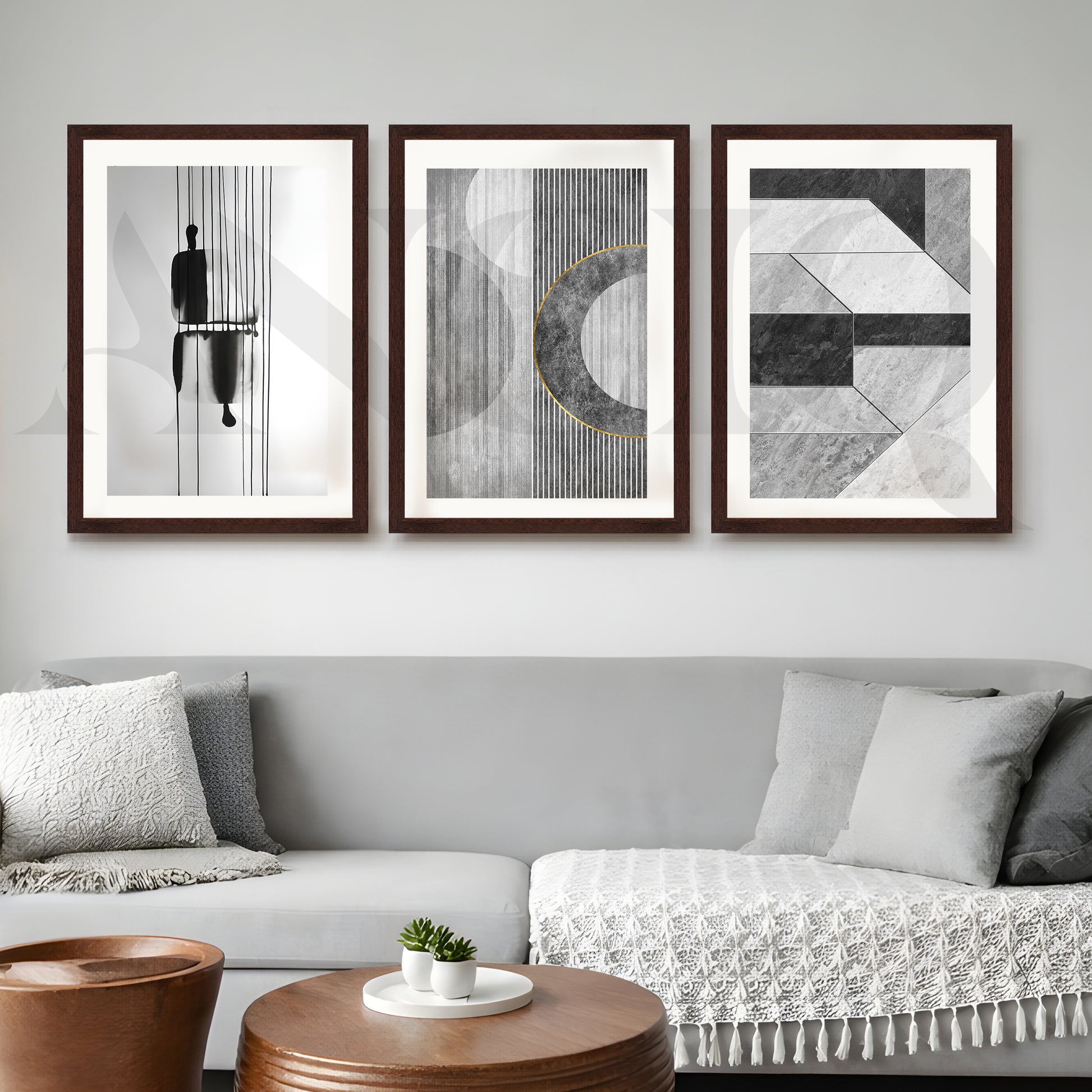 Monochrome Modern Geometry Gallery Wall – Set of 3 Minimal Abstract Artworks - 18 x 24 Inches for Office/Study Room