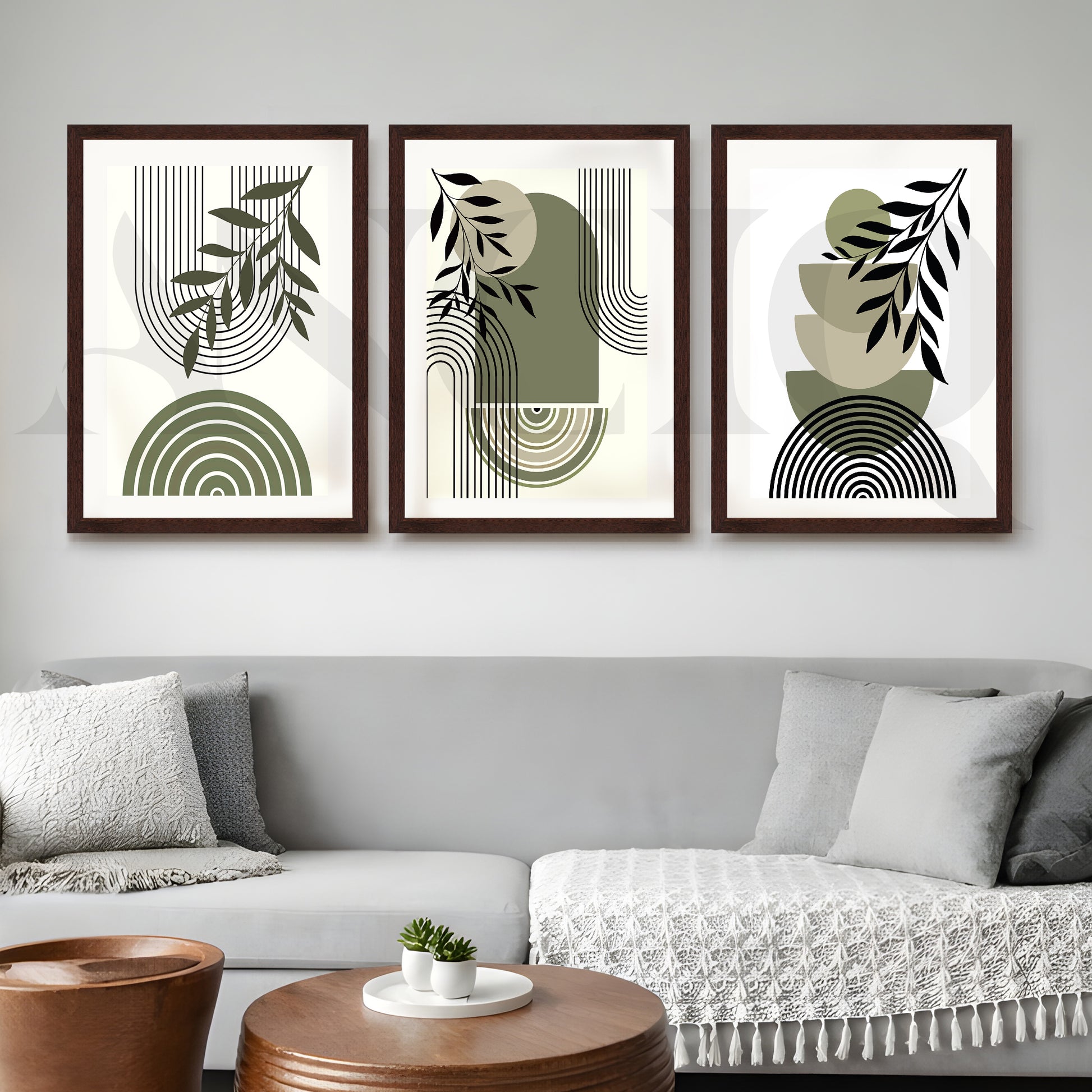 Minimal Botanical Geometry Gallery Wall – Set of 3 Modern Abstract Artworks - 18 x 24 Inches for Living Room