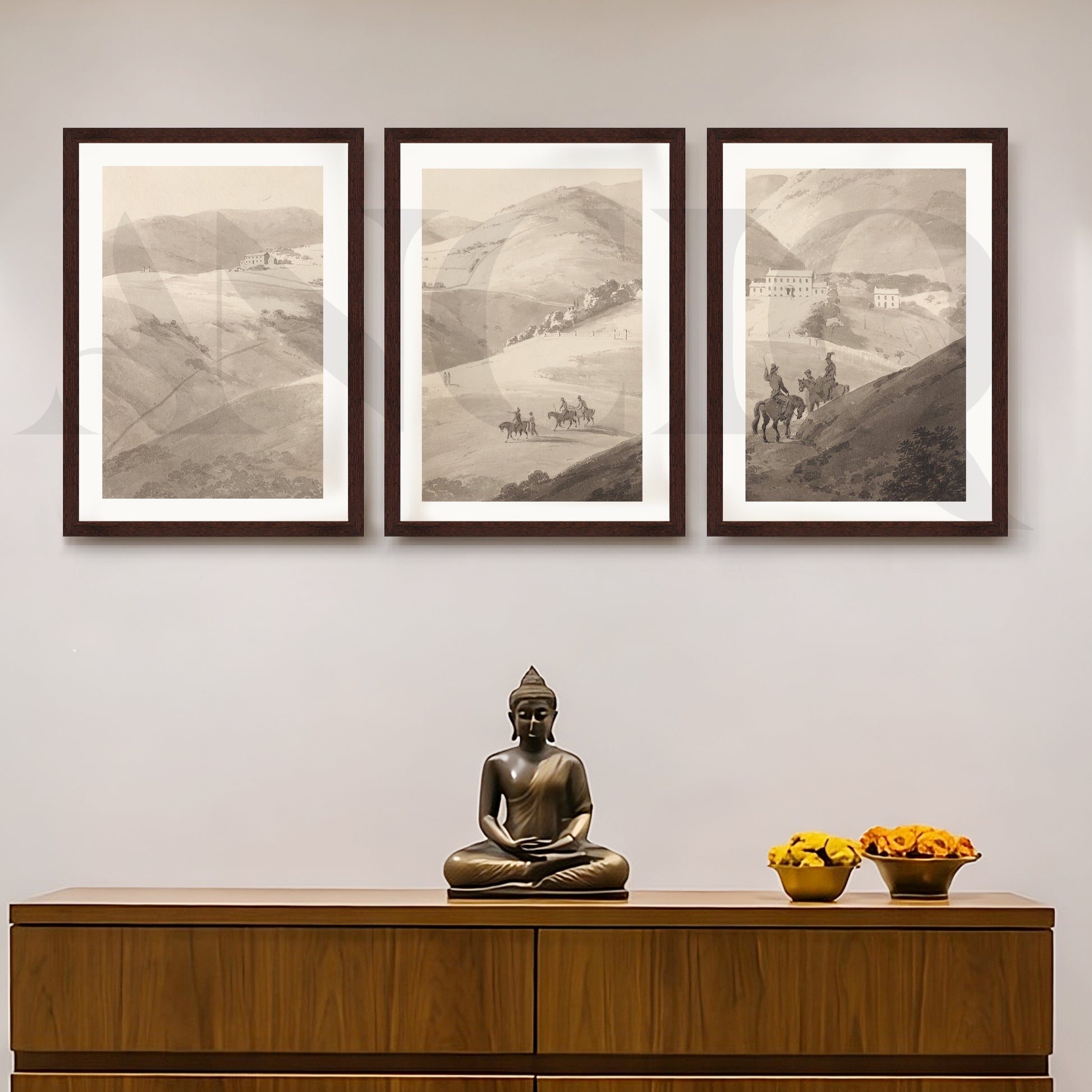 Timeless Countryside Sketch Gallery Wall – Set of 3 Monochrome Landscape Artworks - 18 x 24 Inches for Entryway/Hallway