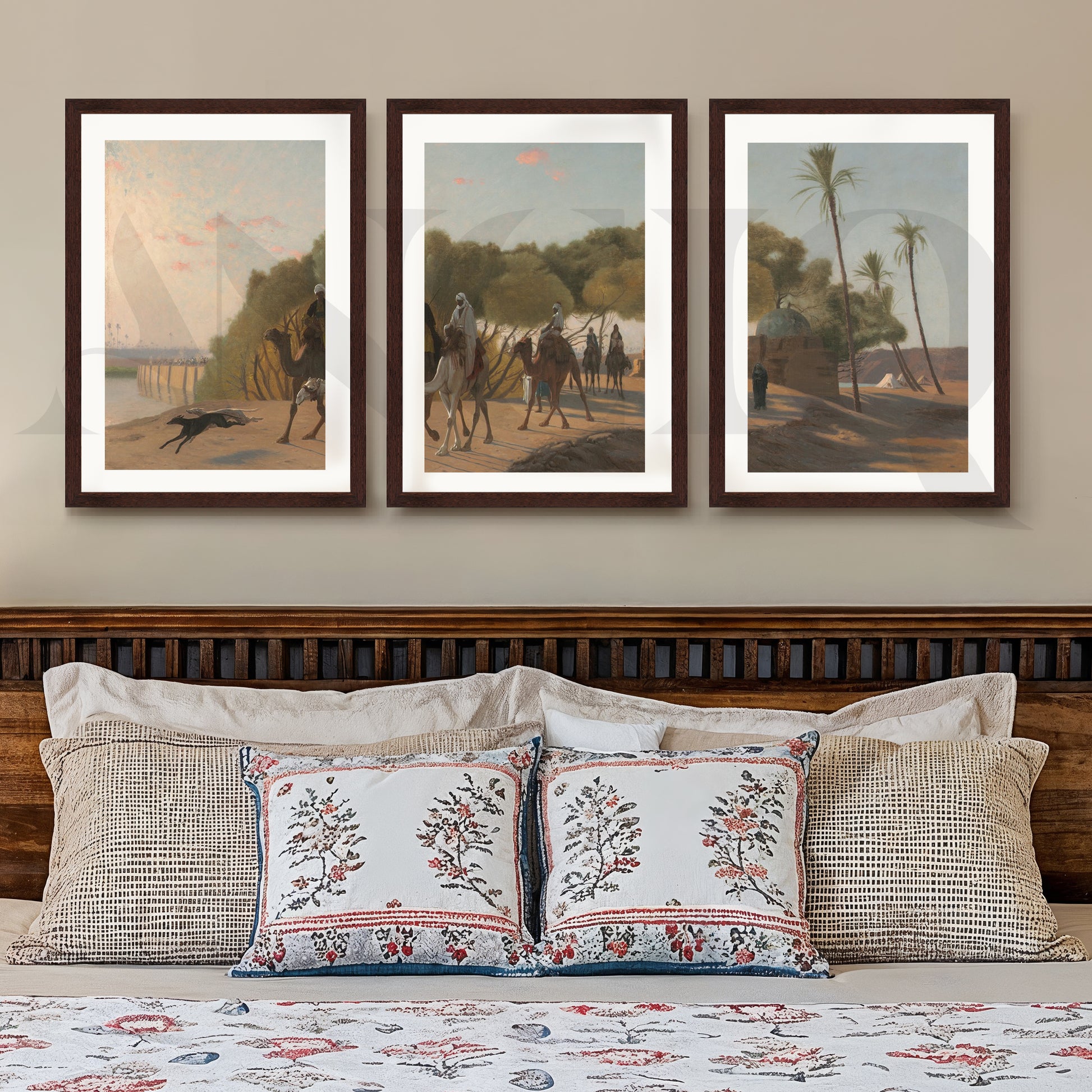 Desert Caravan Landscape Gallery Wall – Set of 3 Vintage Oriental Artworks - 18 x 24 Inches for Stylish Bedroom