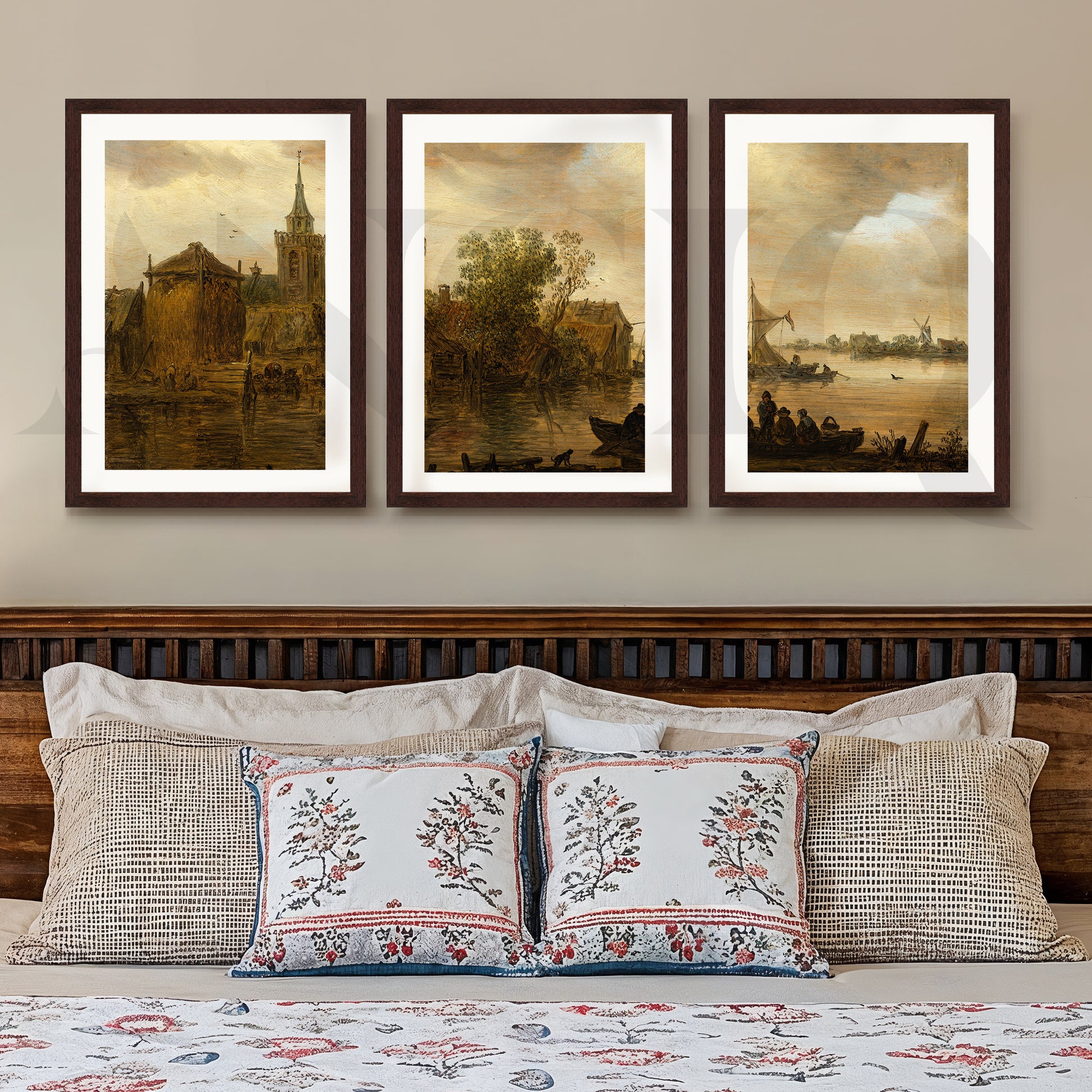 Vintage Riverside Village Gallery Wall – Set of 3 Classic Landscape Artworks - 18 x 24 Inches for Stylish Bedroom
