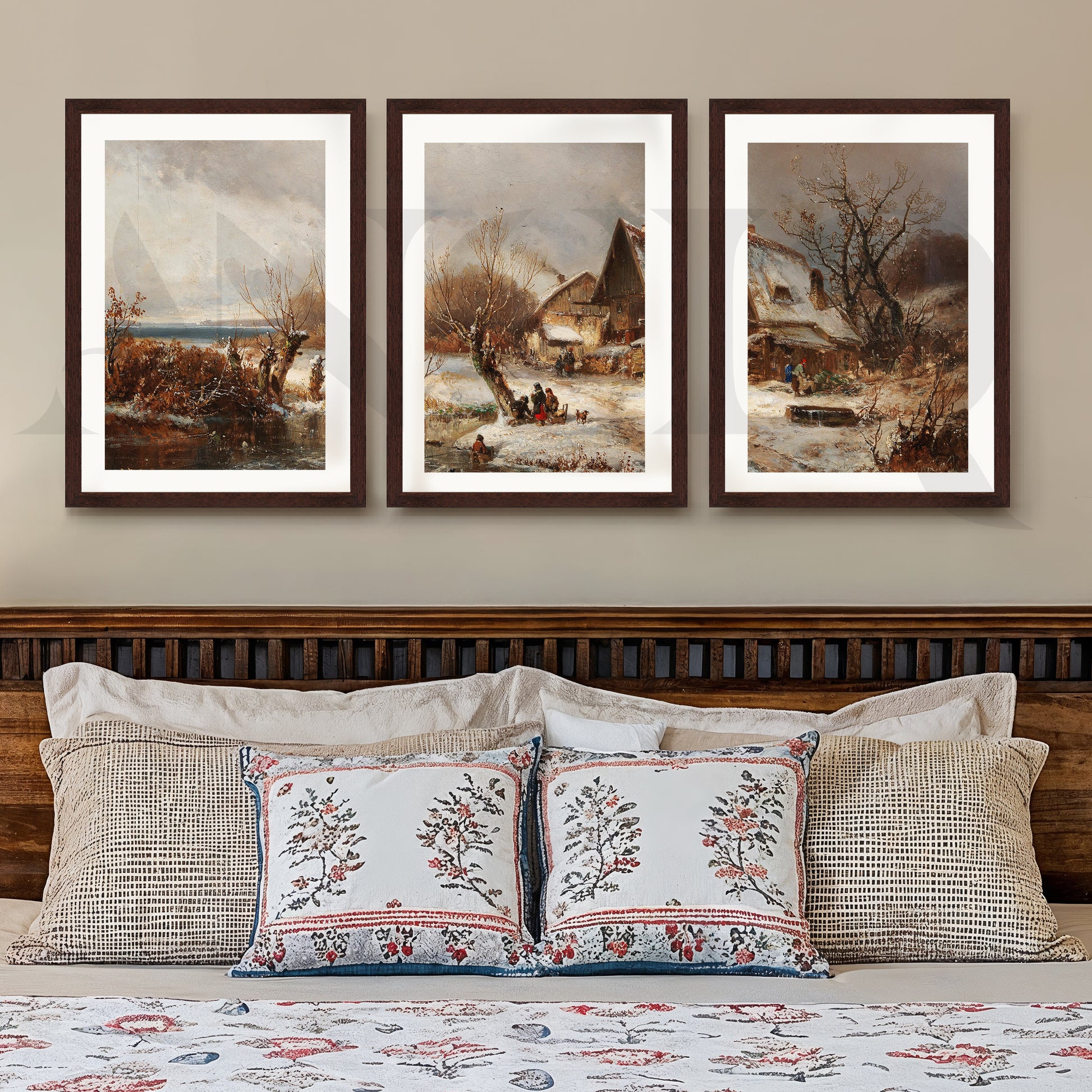 Winter Village Countryside Gallery Wall – Set of 3 Vintage Landscape Artworks - 18 x 24 Inches for Stylish Bedroom