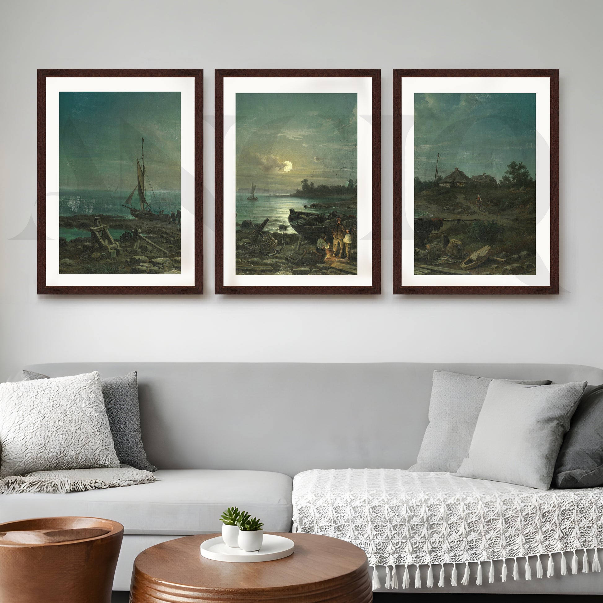 Moonlit Coastal Harbor Gallery Wall – Set of 3 Vintage Maritime Artworks - 18 x 24 Inches for Living Room