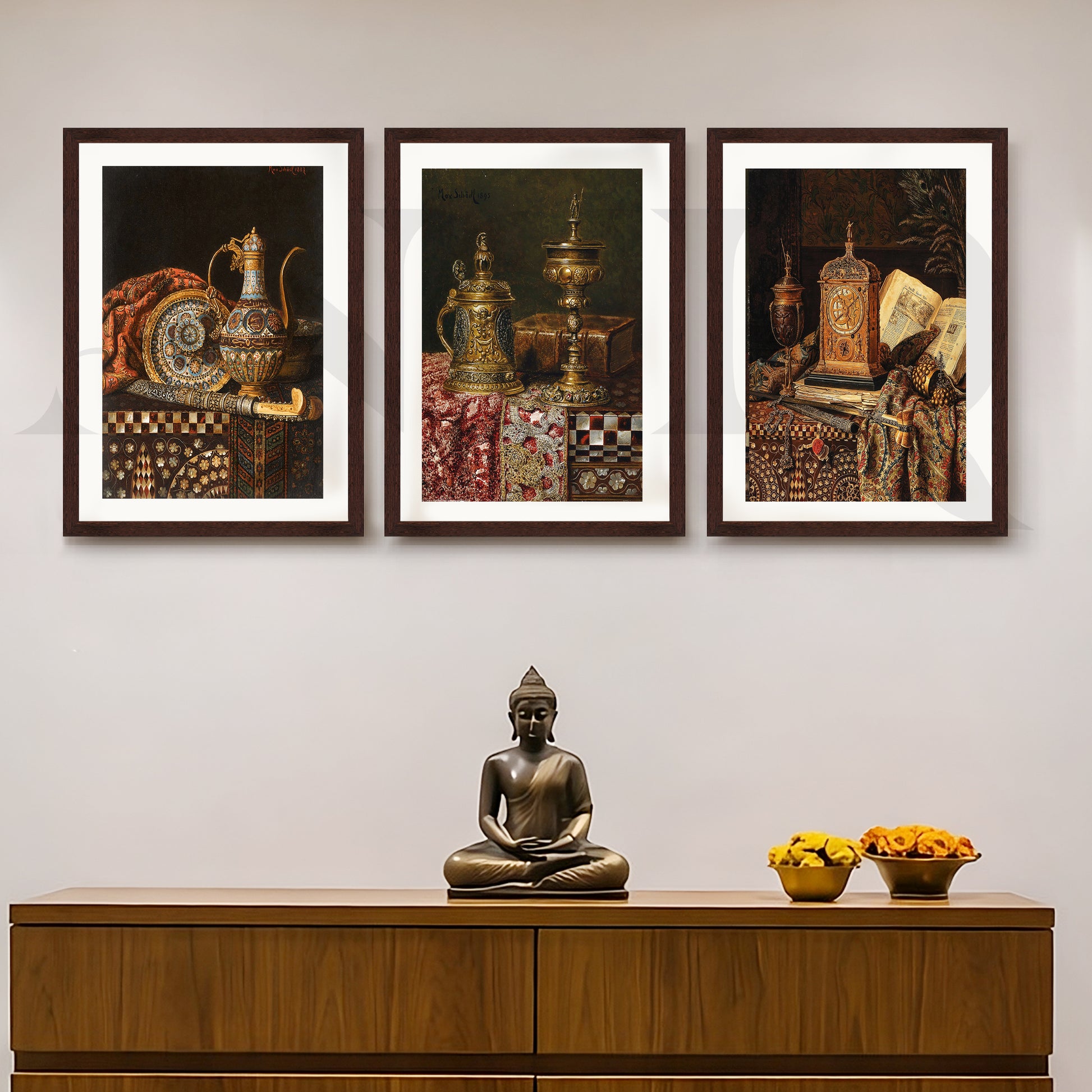 Vintage Antique Artefacts Gallery Wall – Set of 3 Classic Still Life Artworks - 18 x 24 Inches for Entryway/Hallway