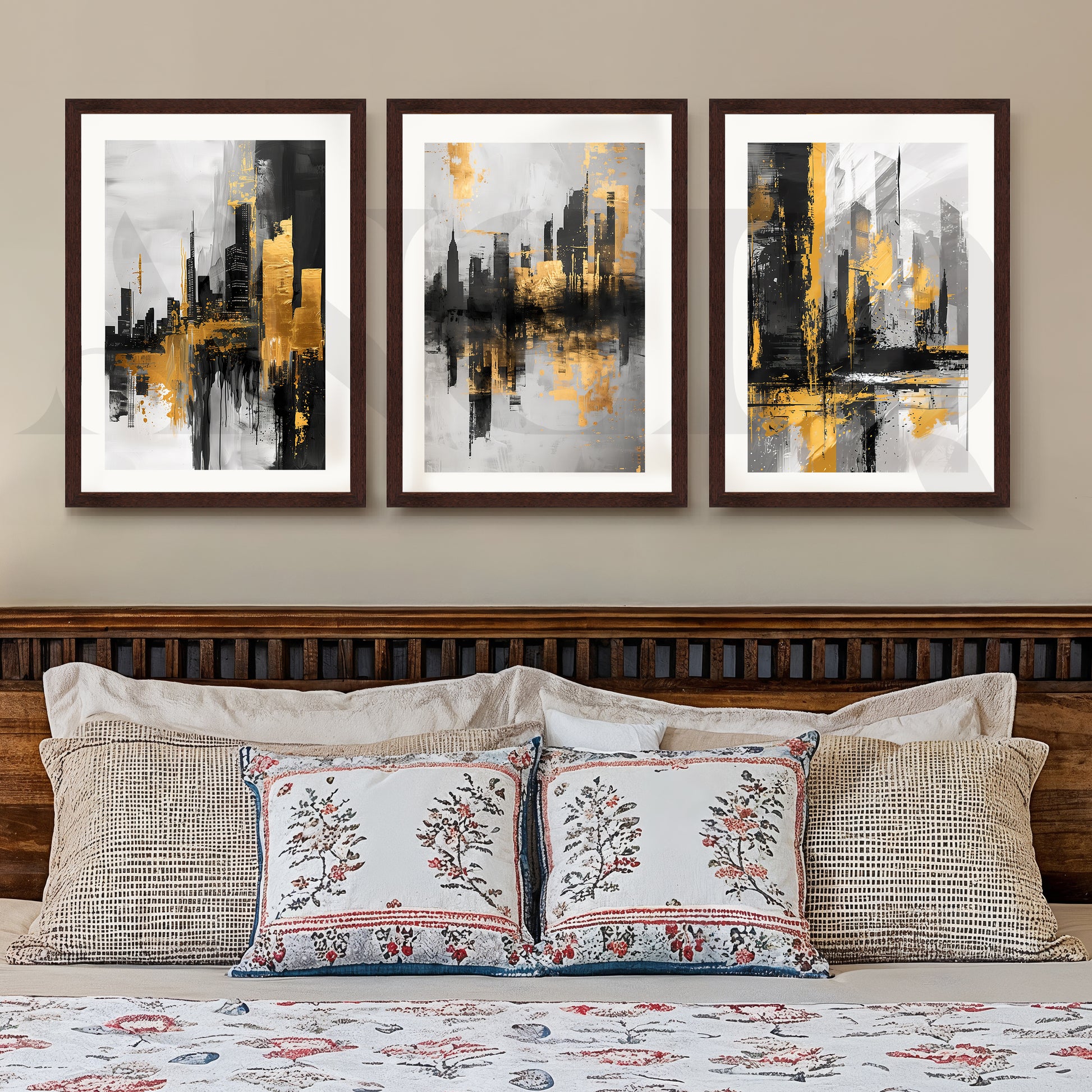 Golden Urban Skyline Gallery Wall – Set of 3 Modern Cityscape Artworks - 18 x 24 Inches for Stylish Bedroom