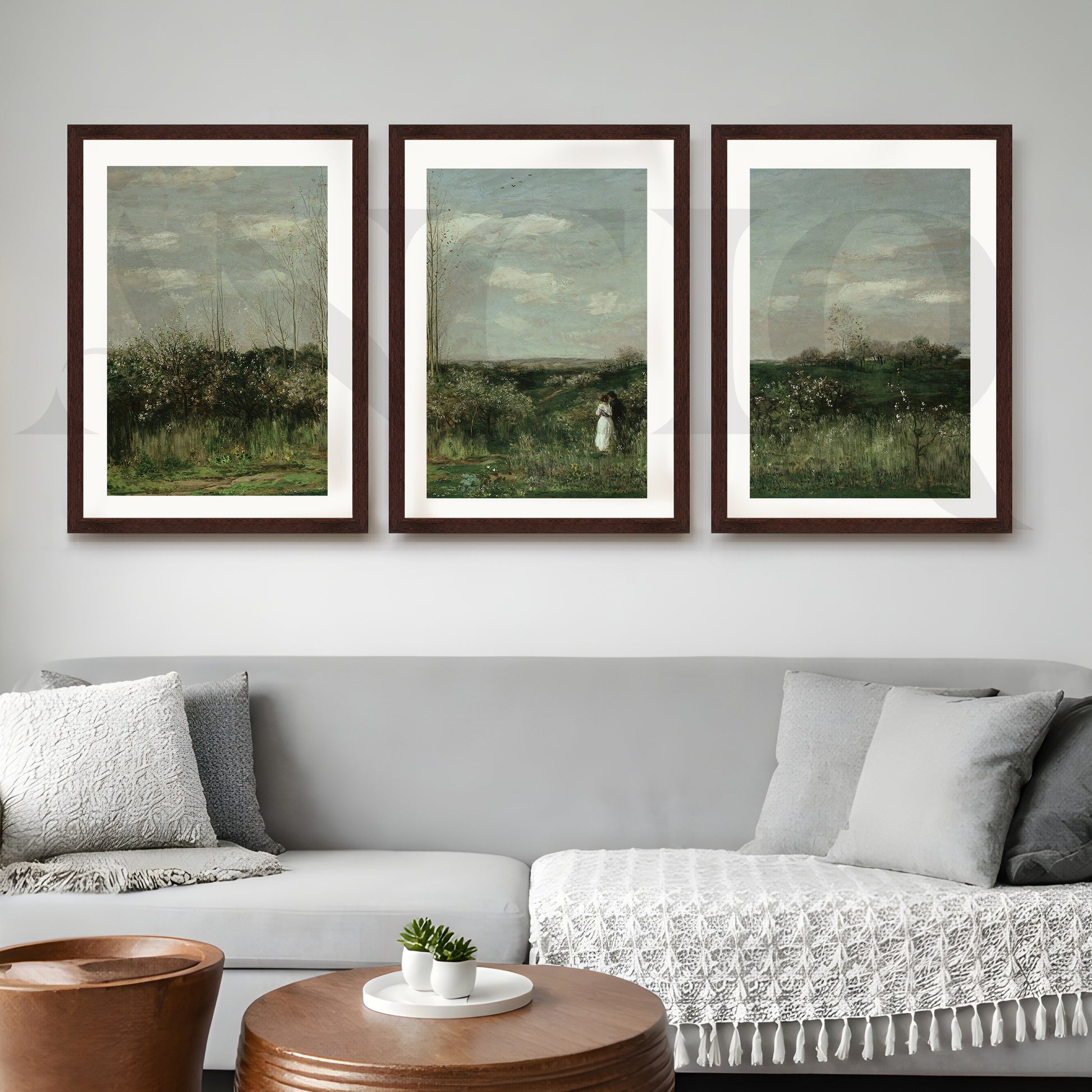 Serene Countryside Meadow Gallery Wall – Set of 3 Classic Landscape Artworks - 18 x 24 Inches for Living Room
