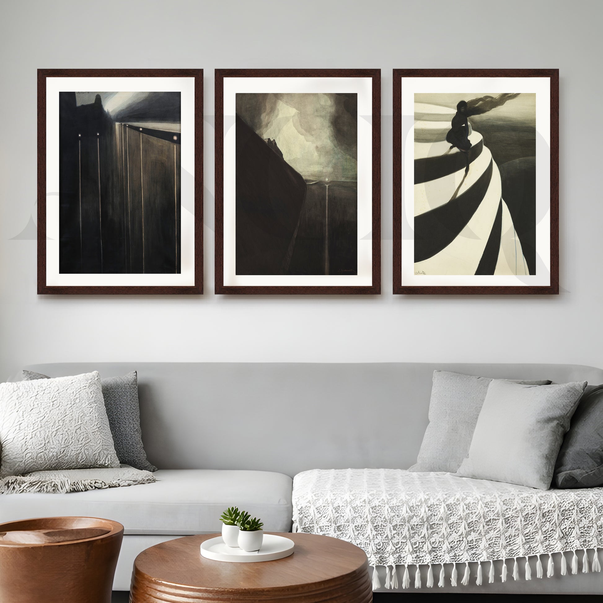 Moody Abstract Noir Gallery Wall – Set of 3 Contemporary Artworks - 18 x 24 Inches for Living Room