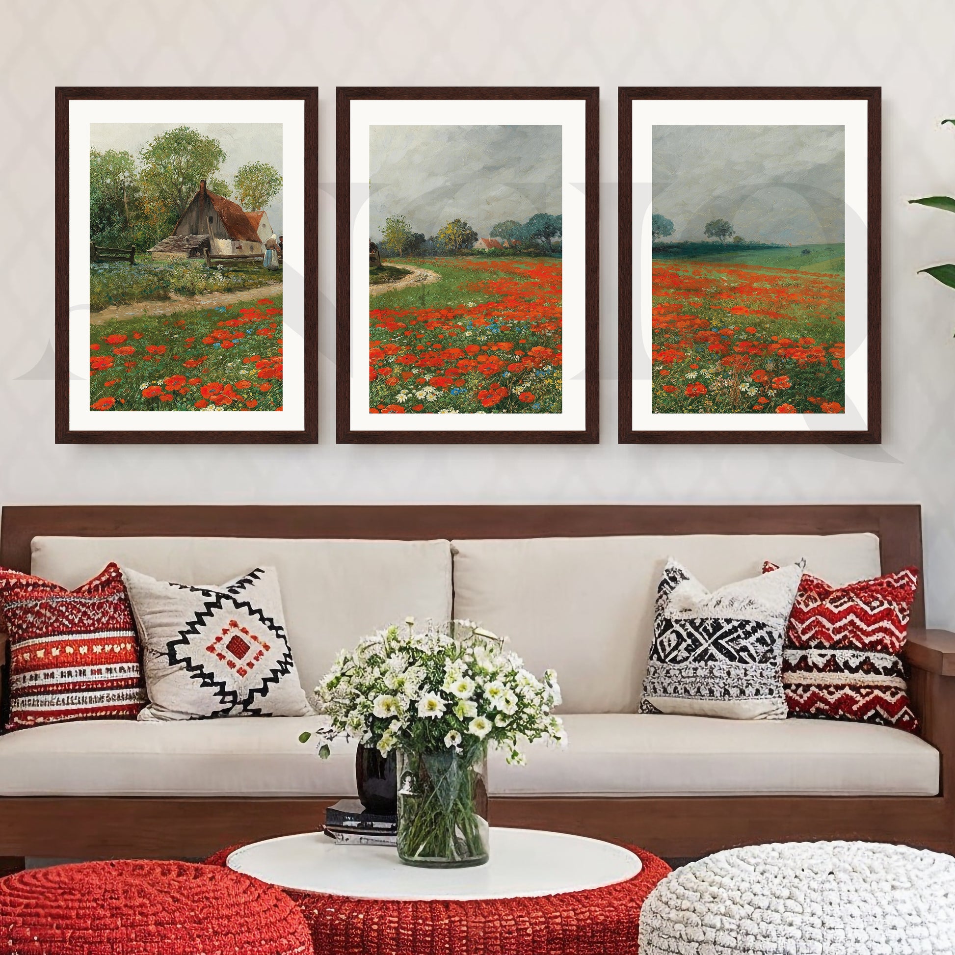 Rustic Poppy Field Landscape Gallery Wall – Set of 3 Impressionist Artworks - 18 x 24 Inches for Living Room